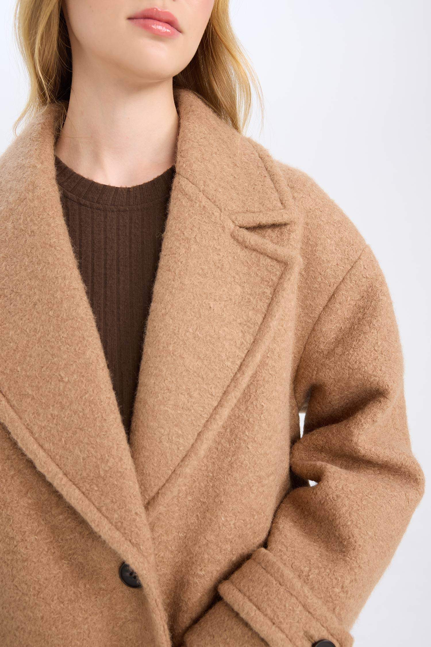 Regular Fit Uzun Kaşe Kaban Apoletli Ceket Yaka Cepli Düğmeli