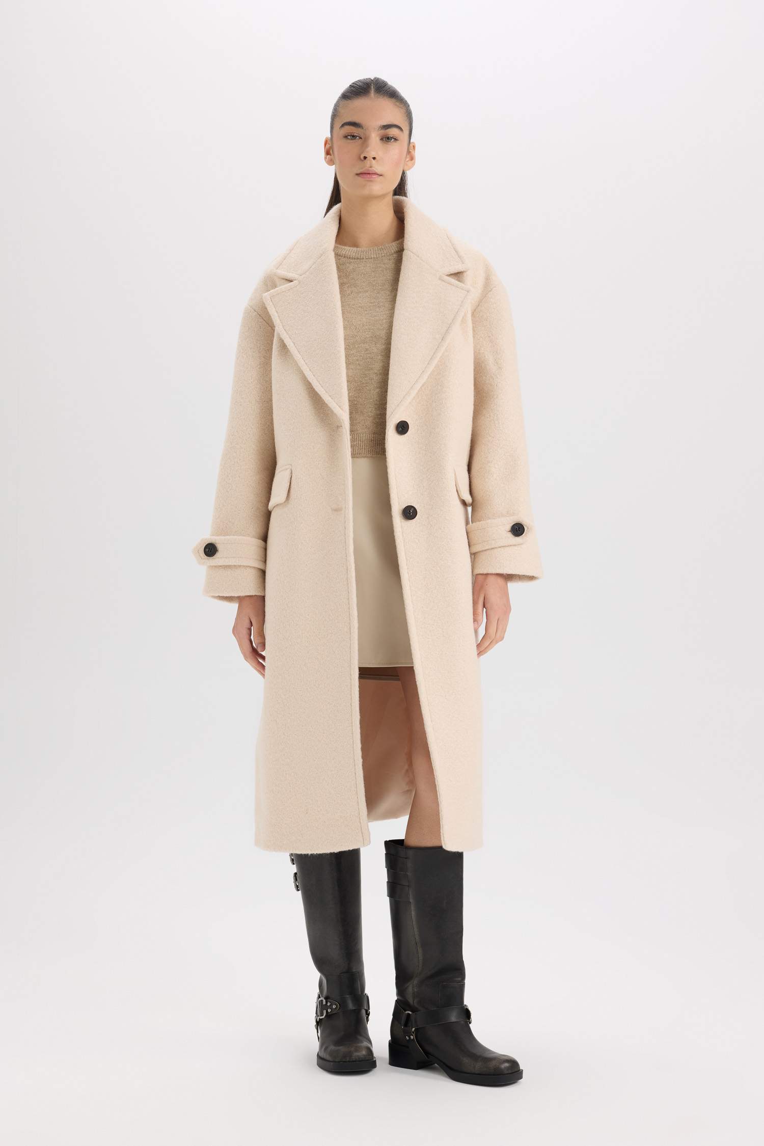 Regular Fit Uzun Kaşe Kaban Apoletli Ceket Yaka Cepli Düğmeli