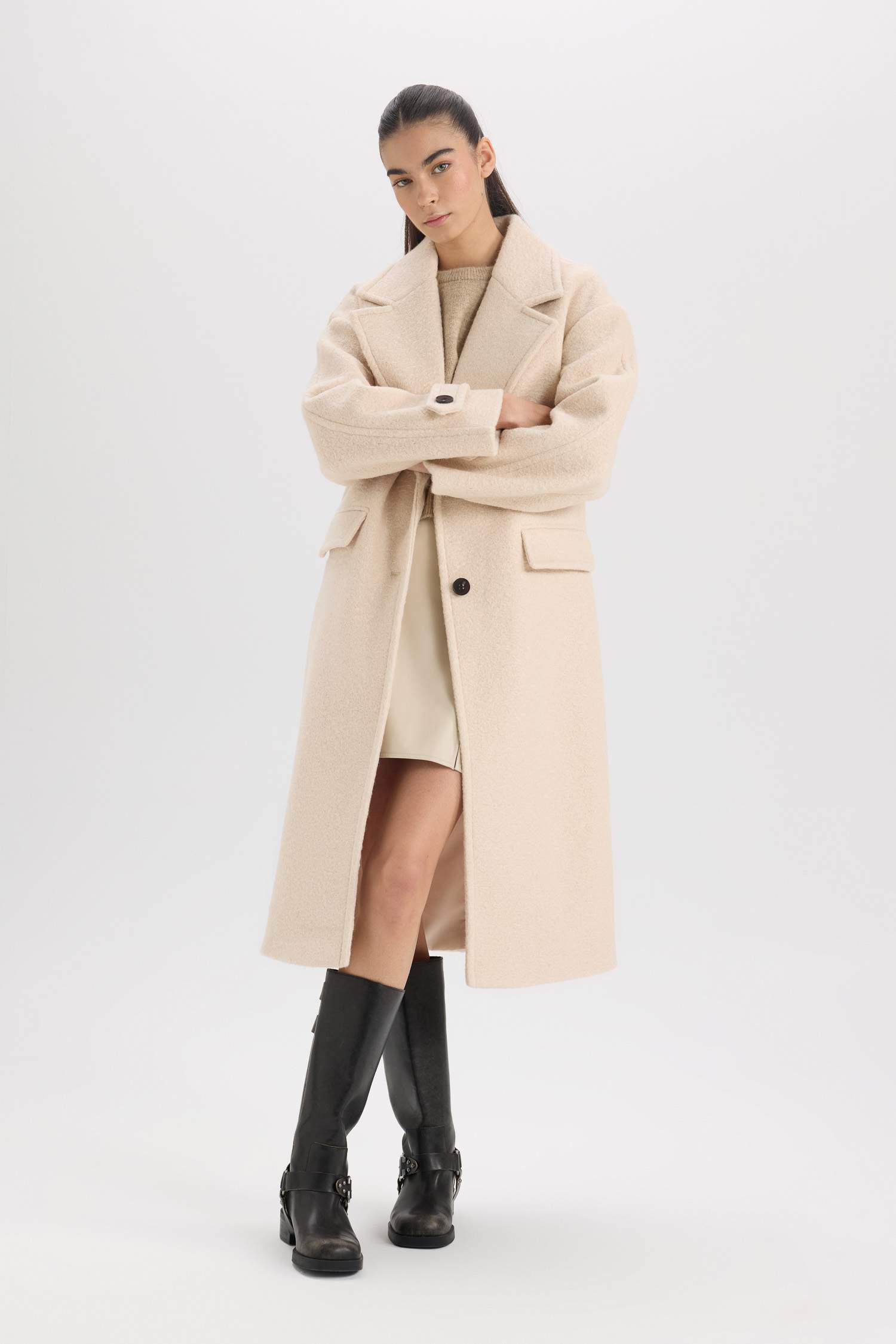 Regular Fit Uzun Kaşe Kaban Apoletli Ceket Yaka Cepli Düğmeli