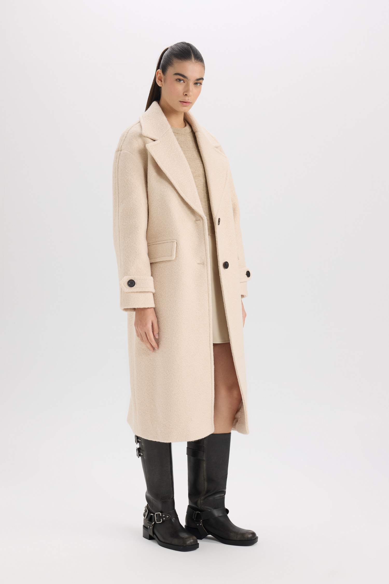 Regular Fit Uzun Kaşe Kaban Apoletli Ceket Yaka Cepli Düğmeli