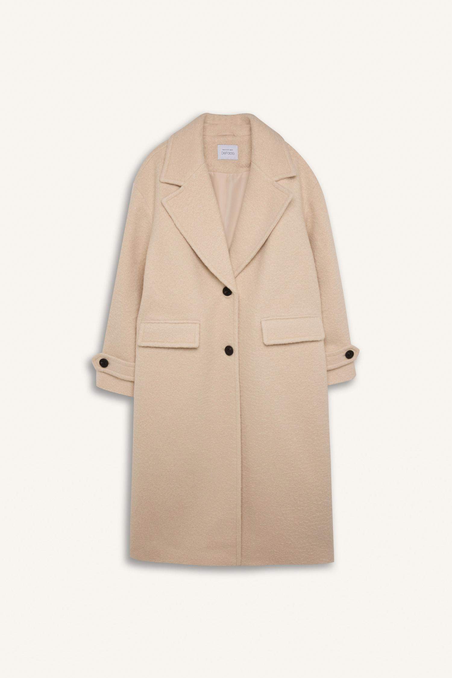 Regular Fit Uzun Kaşe Kaban Apoletli Ceket Yaka Cepli Düğmeli