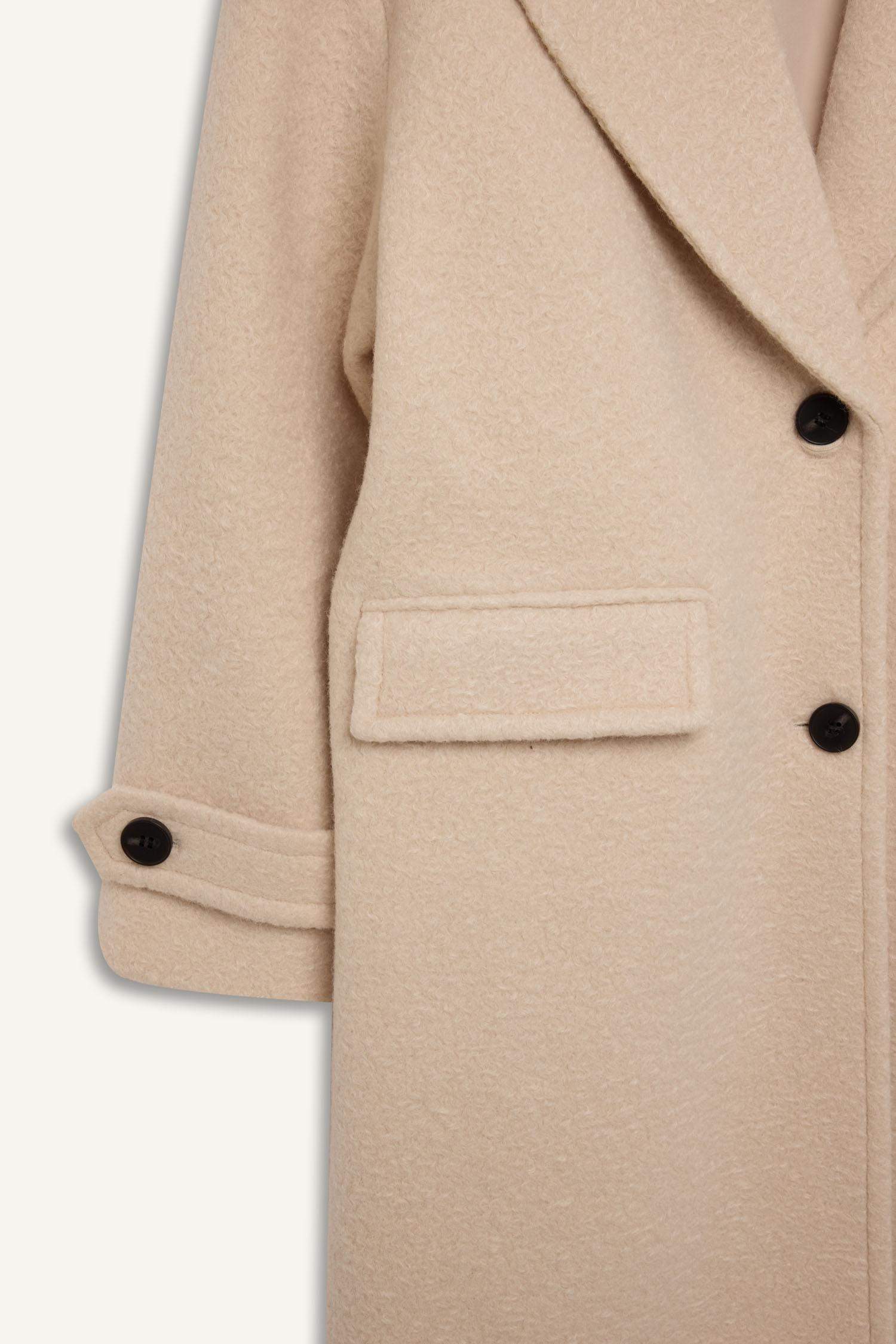 Regular Fit Uzun Kaşe Kaban Apoletli Ceket Yaka Cepli Düğmeli