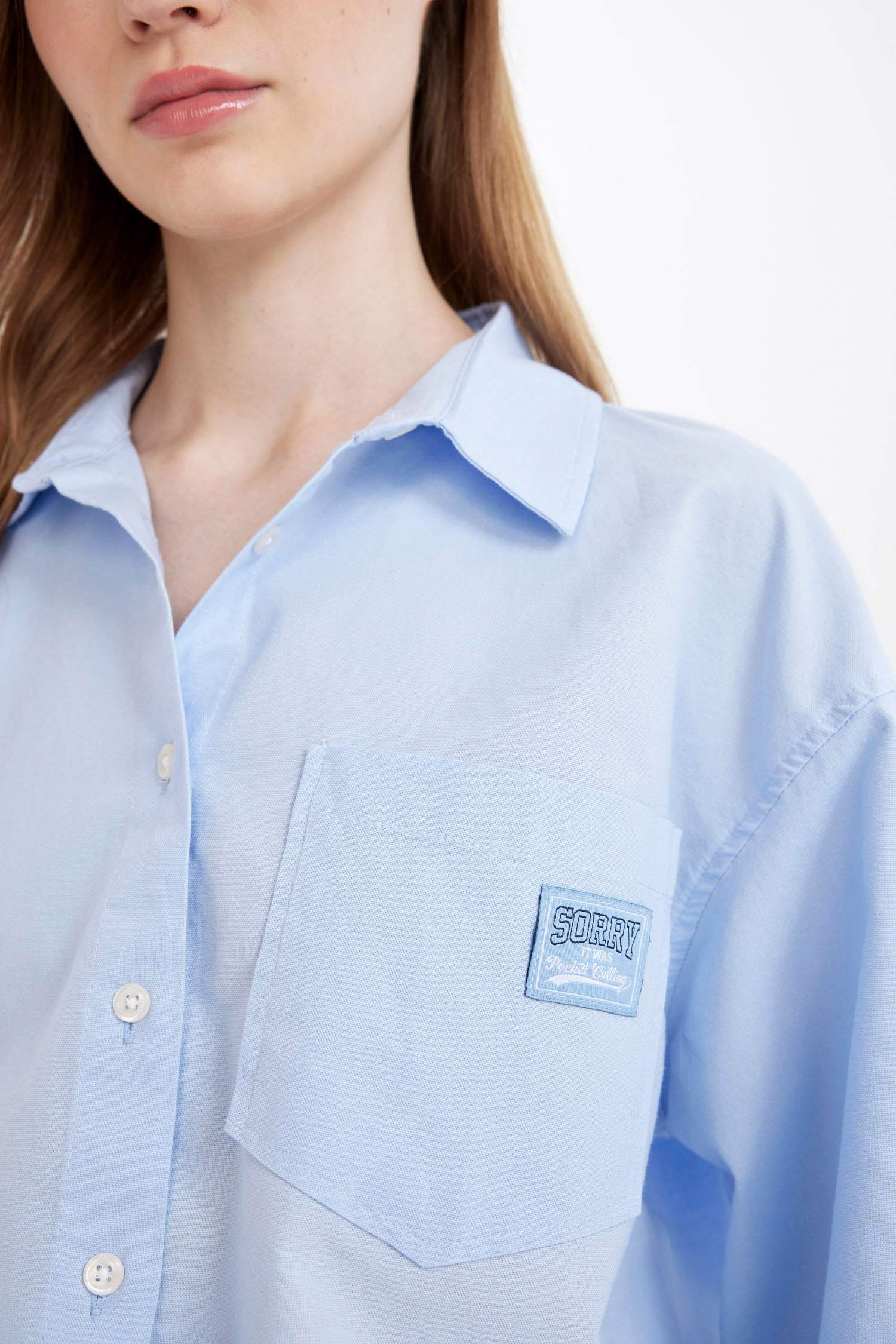 Coool Oversize Geniş Kalıp Basic Düz Cepli Oxford Uzun Kollu Crop Gömlek