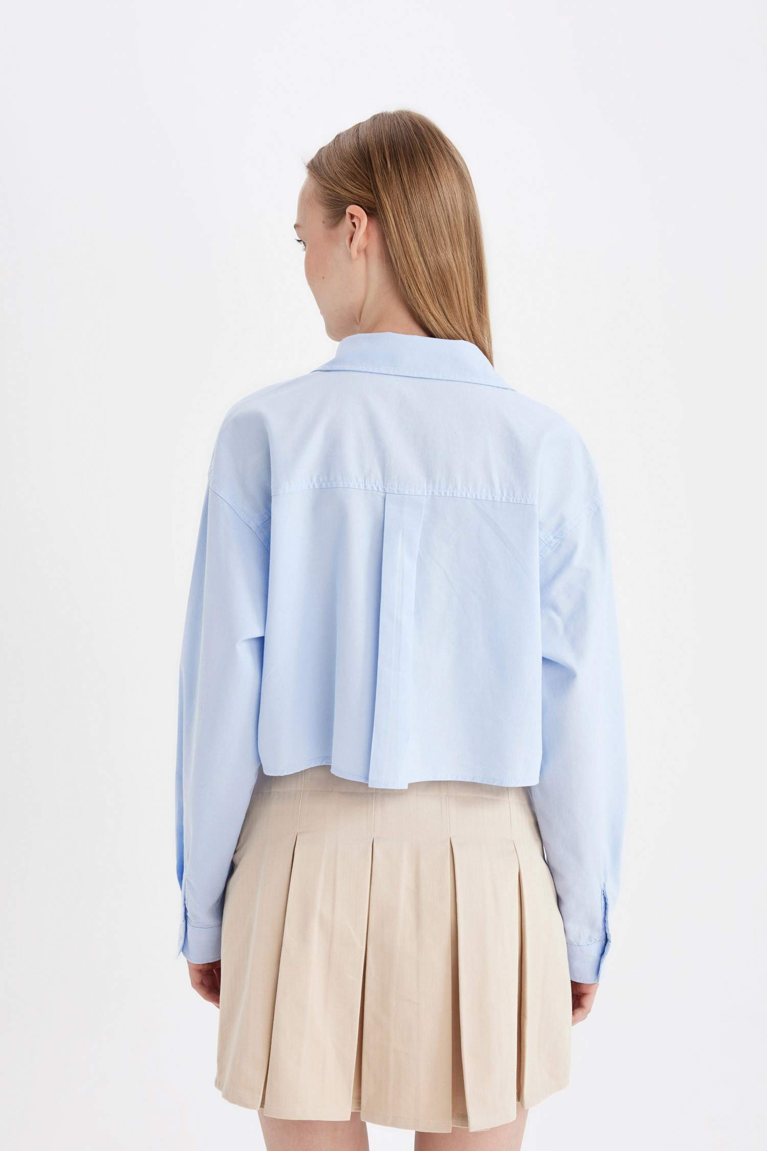 Coool Oversize Geniş Kalıp Basic Düz Cepli Oxford Uzun Kollu Crop Gömlek