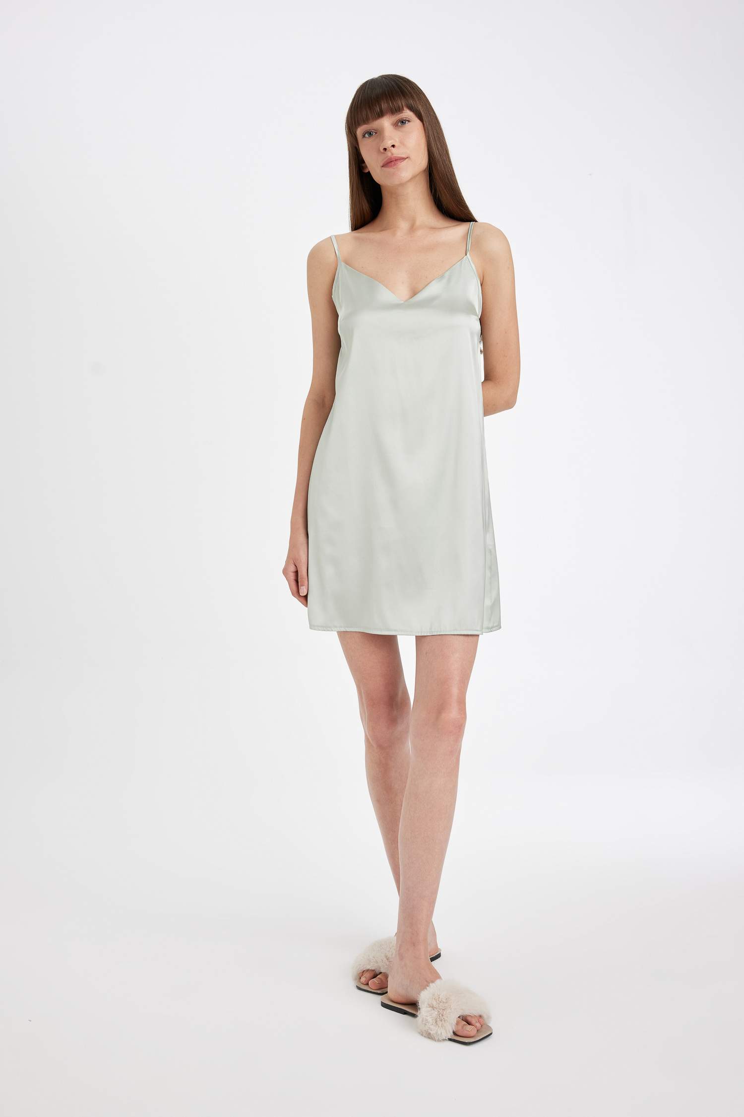 فستان ستان قصة عادية بياقة V Fall in Love من