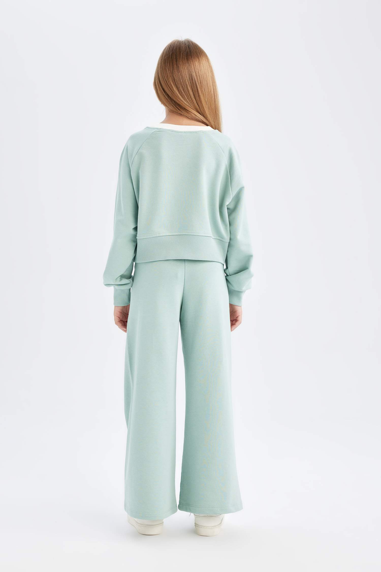 Kız Çocuk 2'li Takım Basic Düz Sweatshirt Beli Lastikli Geniş Paça Eşofman Altı