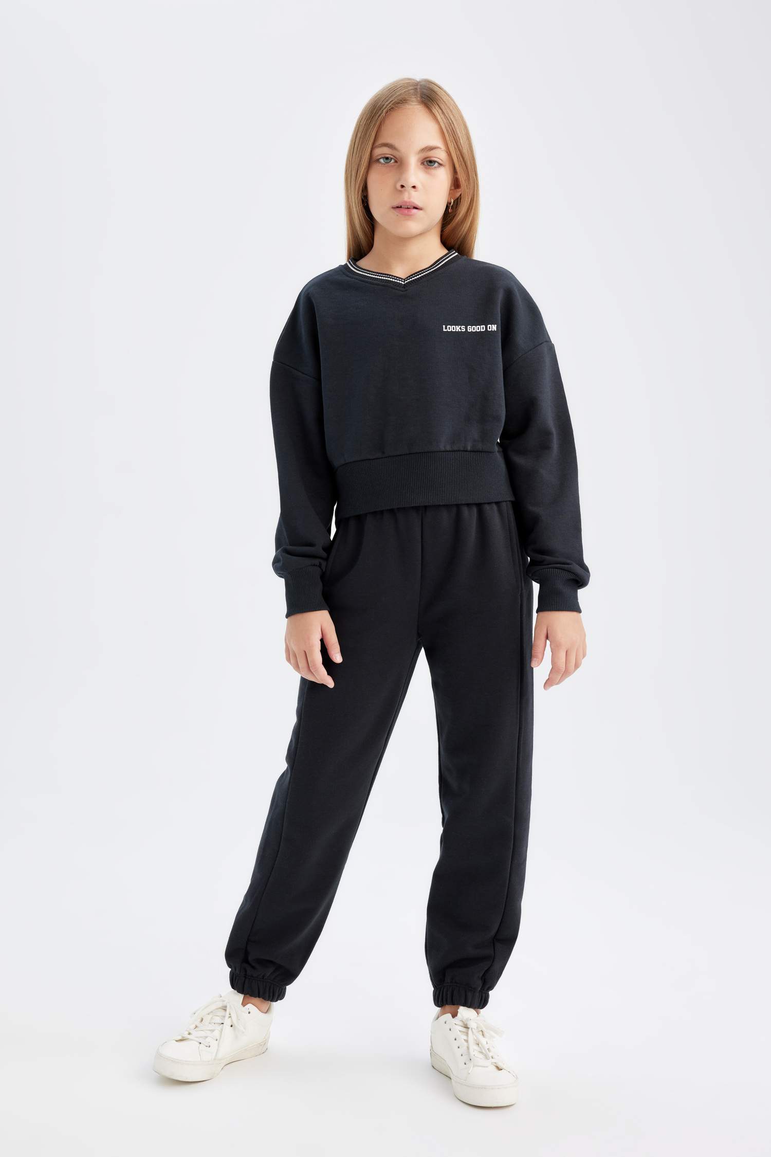 Kız Çocuk 2'li Takım Baskılı Sweatshirt Beli Lastikli Eşofman Altı