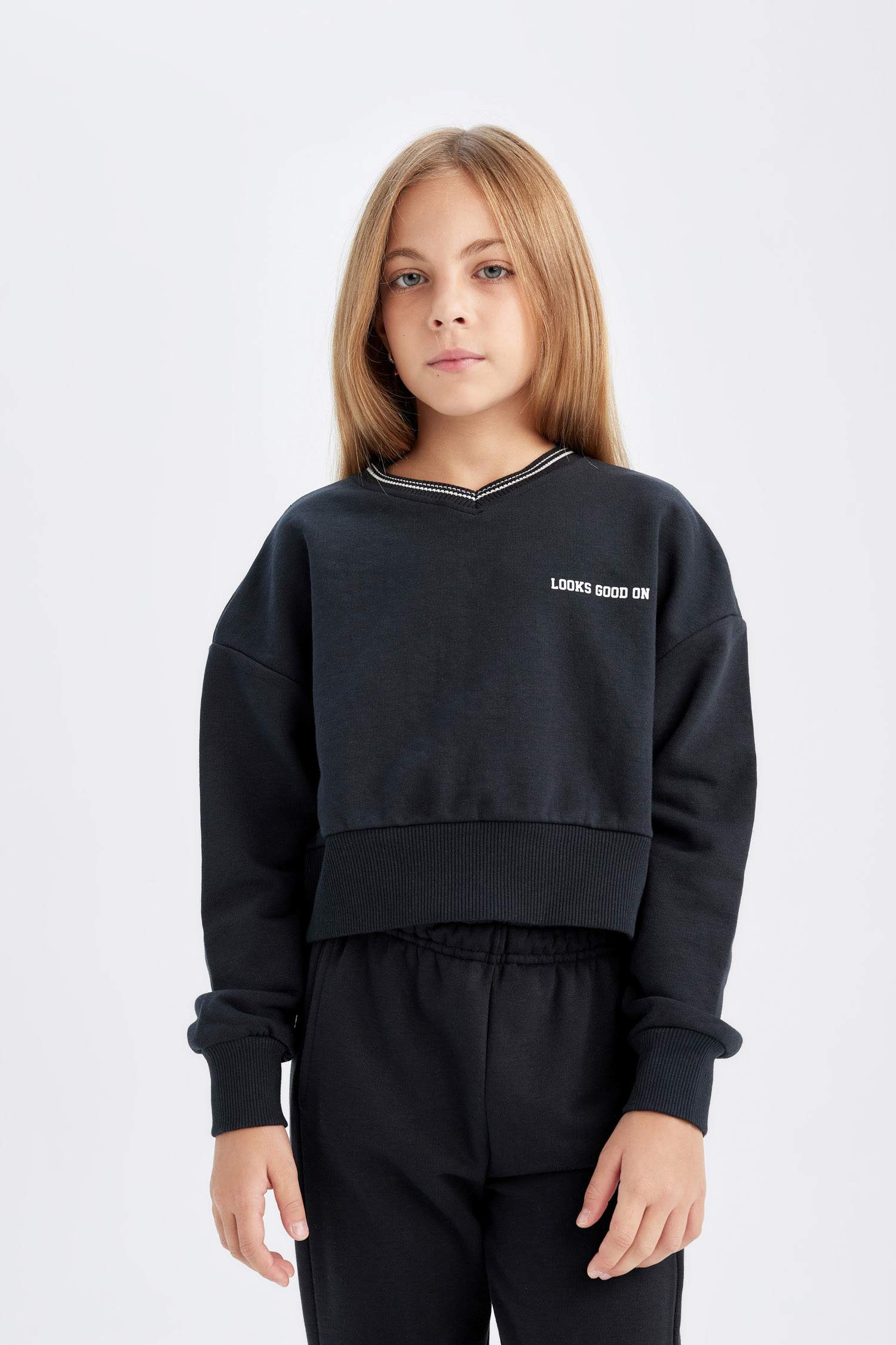 Kız Çocuk 2'li Takım Baskılı Sweatshirt Beli Lastikli Eşofman Altı