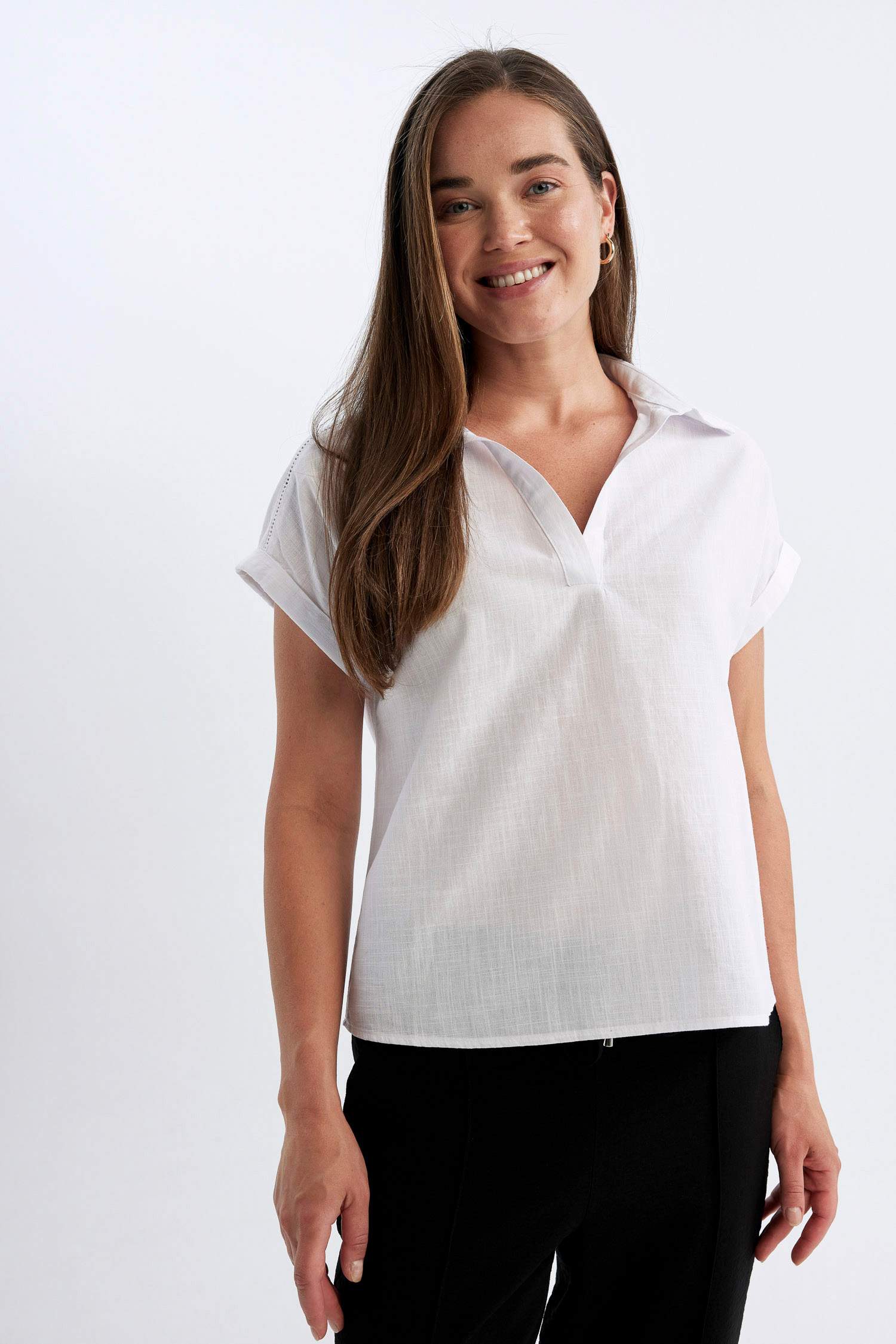 Regular Fit Flamlı Pamuk Polo Yaka Kısa Kollu Bluz