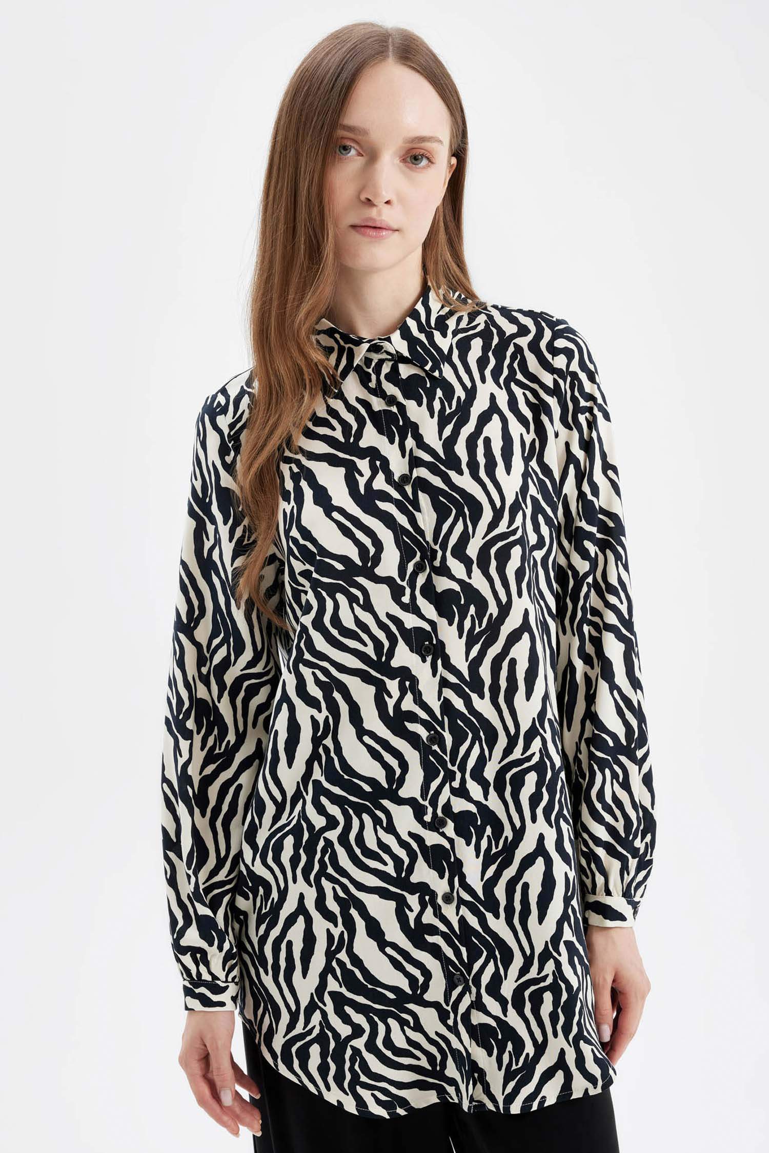 Regular Fit Zebra Desenli Viskon Uzun Kollu Gömlek Tunik