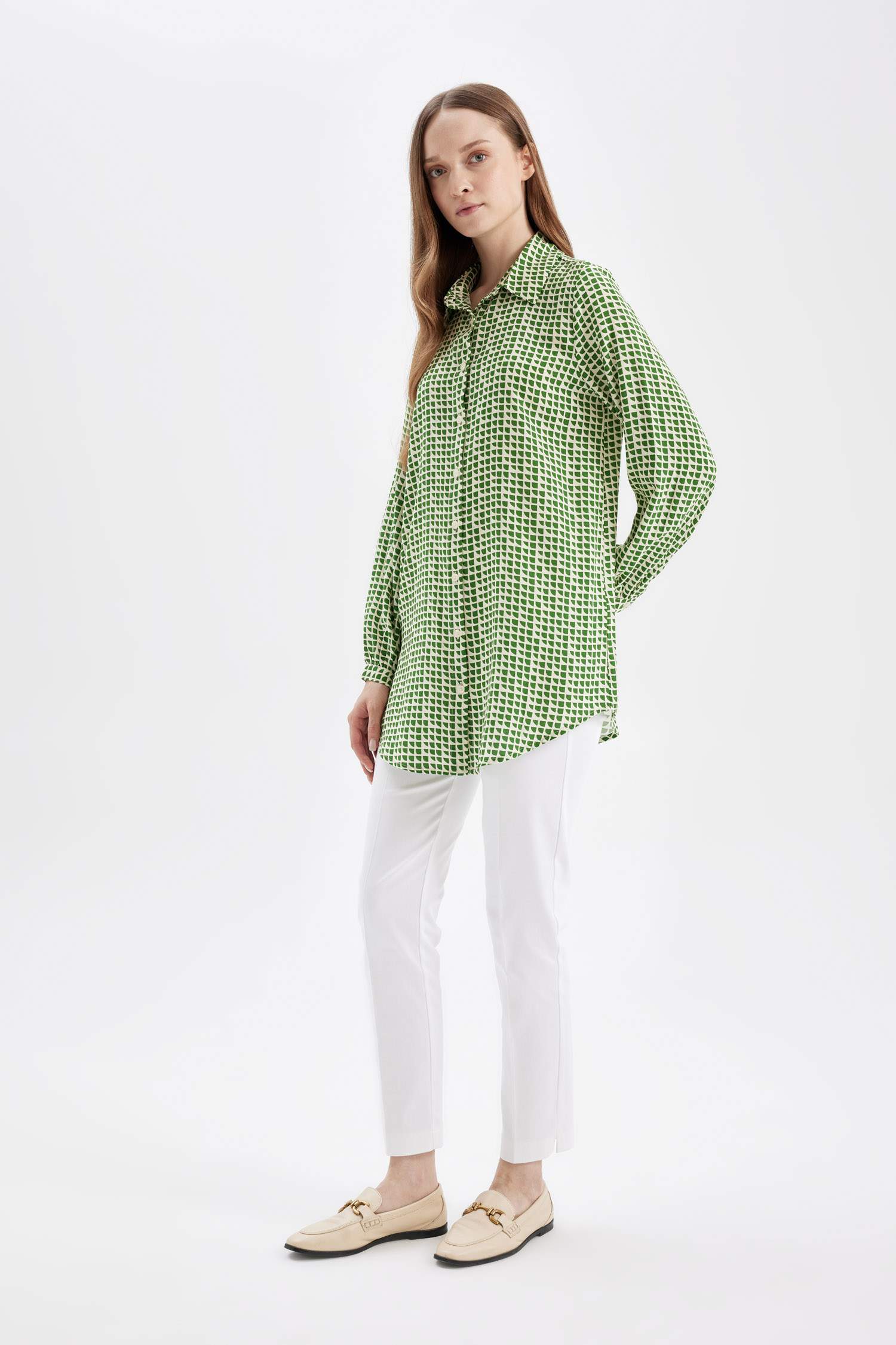 Regular Fit Gömlek Yaka Desenli Viskon Uzun Kollu Gömlek Tunik