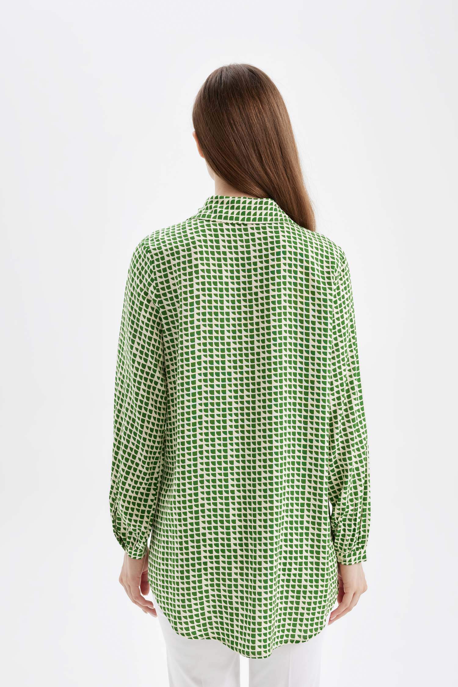 Regular Fit Gömlek Yaka Desenli Viskon Uzun Kollu Gömlek Tunik