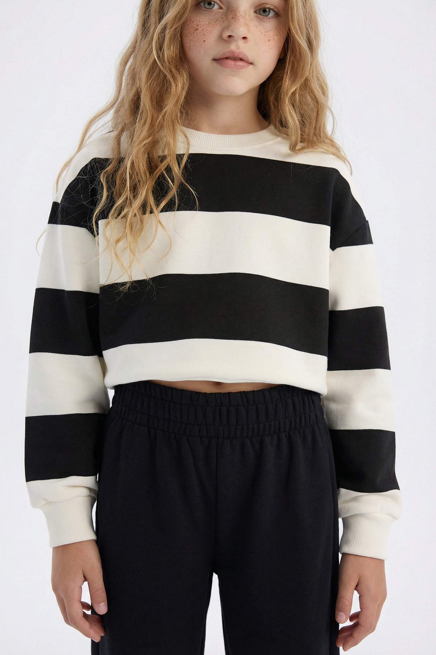 Girl Striped Crew Neck Sweatshirt Sweatpants 2 Piece Set