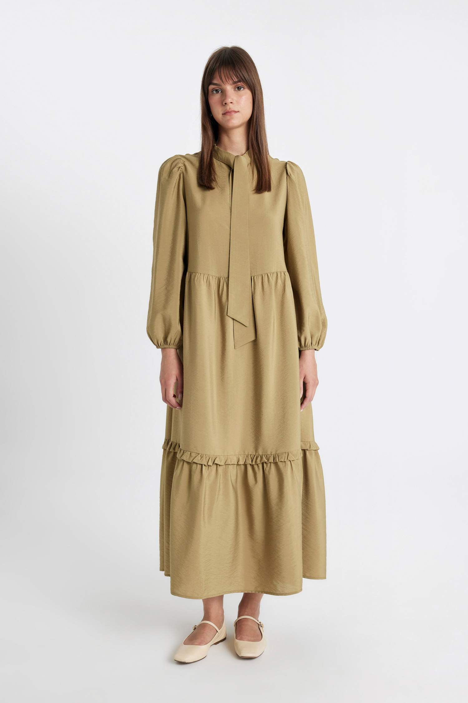 Bow Neck Long Sleeve Maxi Dress