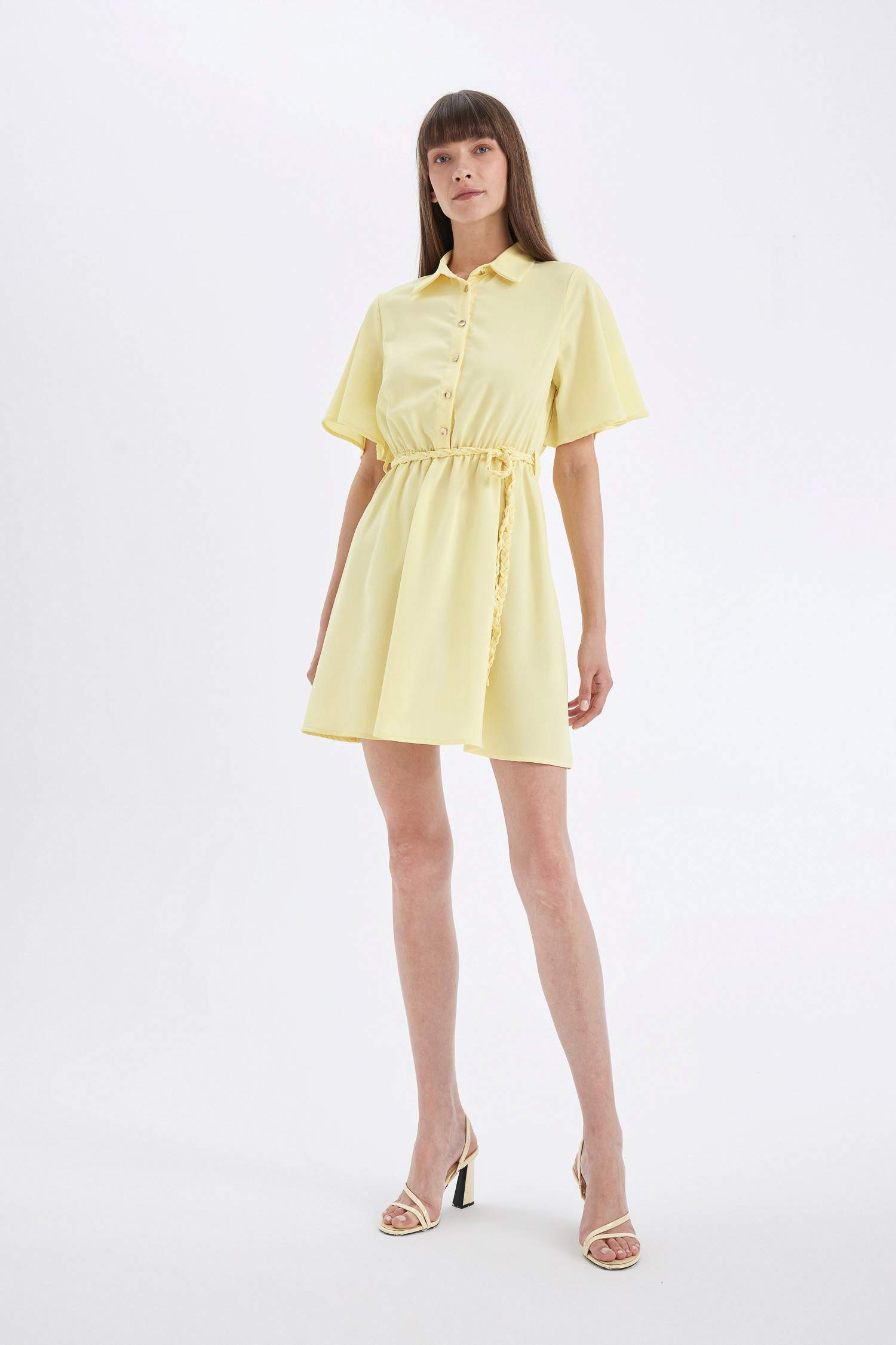 Gömlek Yaka Kısa Kollu Kemerli Mini Elbise