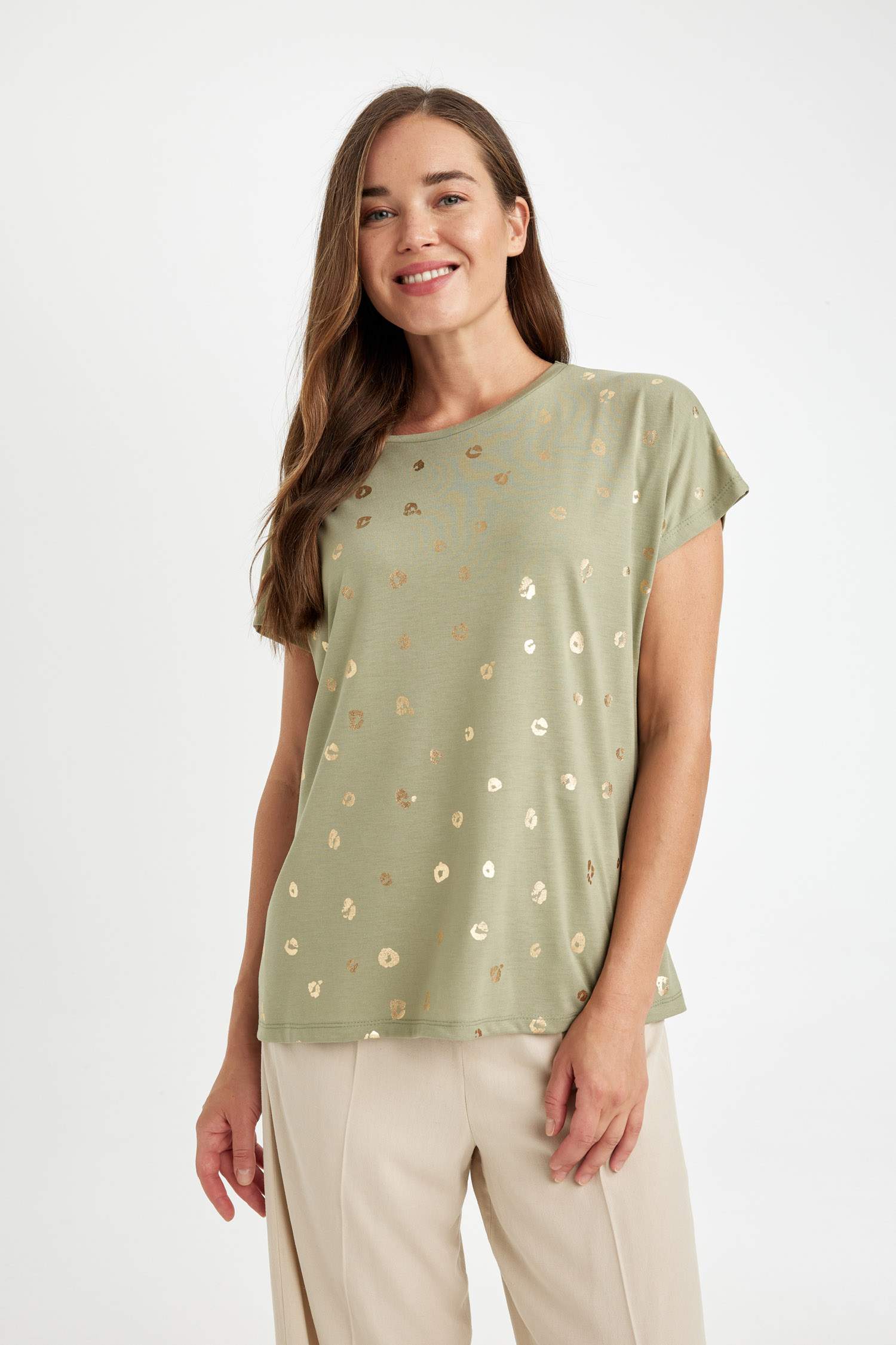 Regular Fit Bisiklet Yaka Parlak Baskılı Kısa Kollu Tişört