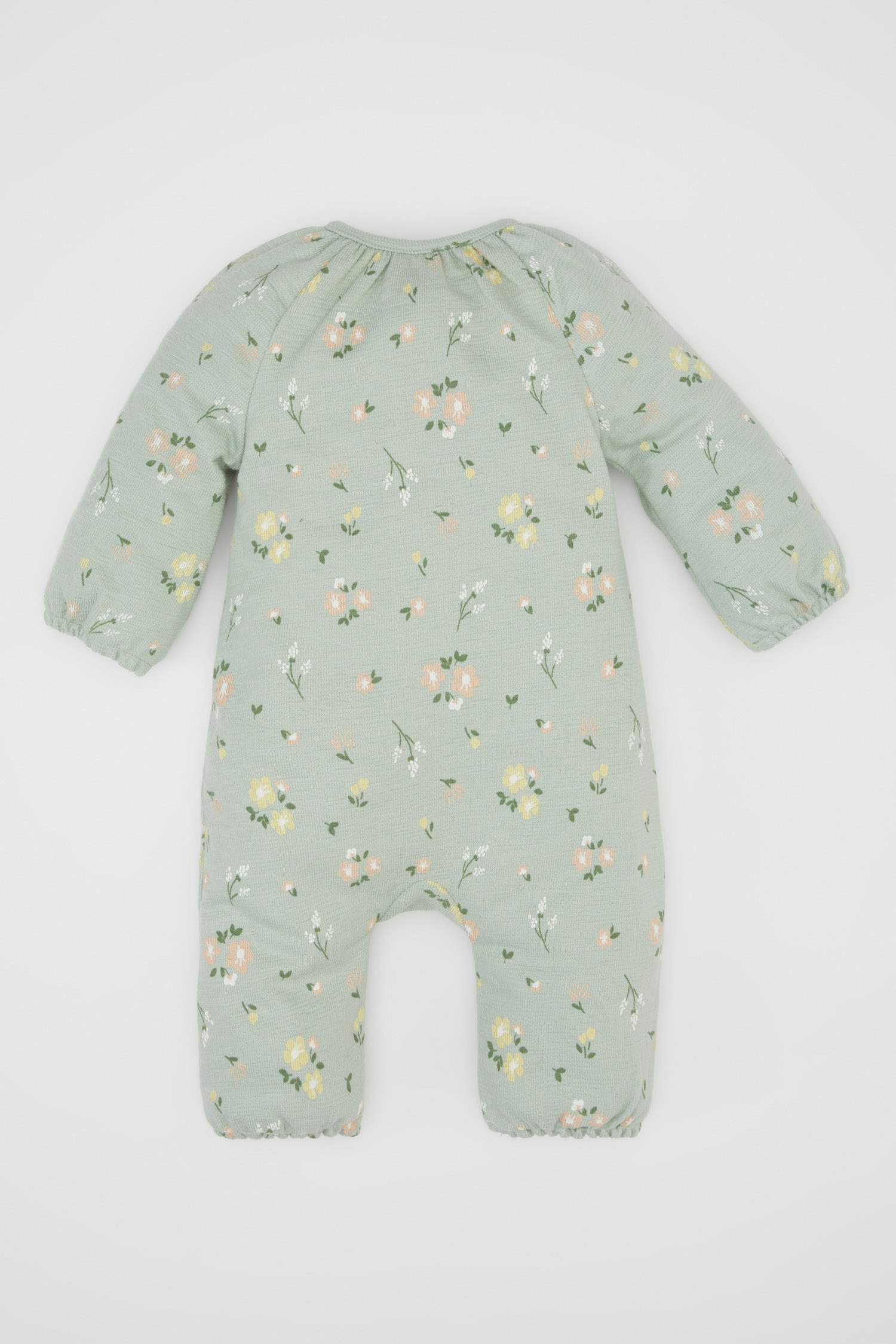 Kız Bebek Yenidoğan Yeşil Düğmeli Çiçek Desenli Uzun Kollu Tulum