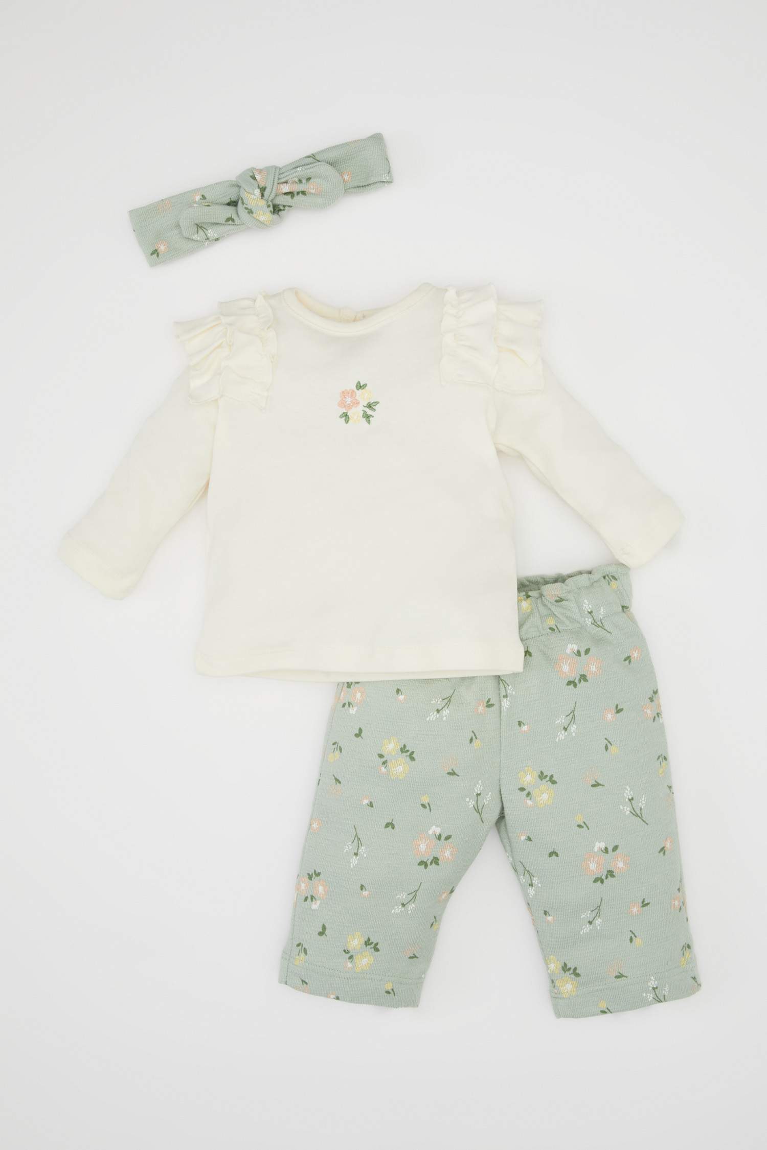 Kız Bebek 3'lü Takım Çiçekli Uzun Kollu Tişört Beli Lastikli Desenli Pantolon Saç Bandı