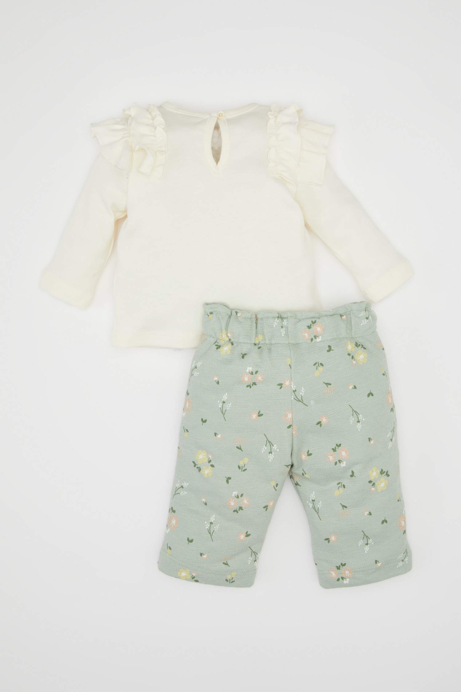 Kız Bebek 3'lü Takım Çiçekli Uzun Kollu Tişört Beli Lastikli Desenli Pantolon Saç Bandı