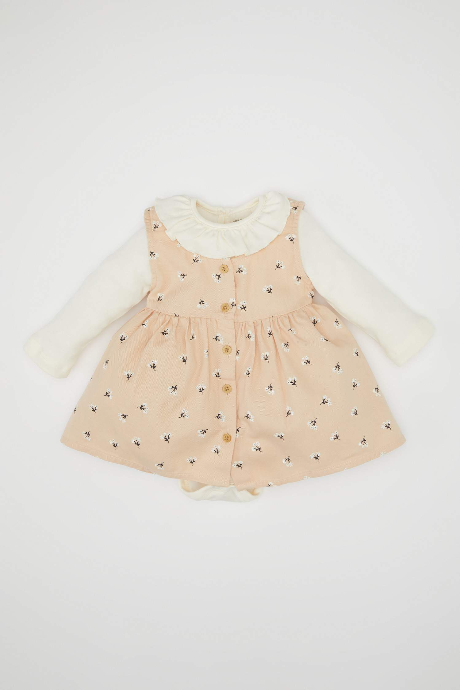 Kız Bebek 2'li Takım Uzun Kollu Çıtçıtlı Body Üst Çiçekli Düğmeli Elbise