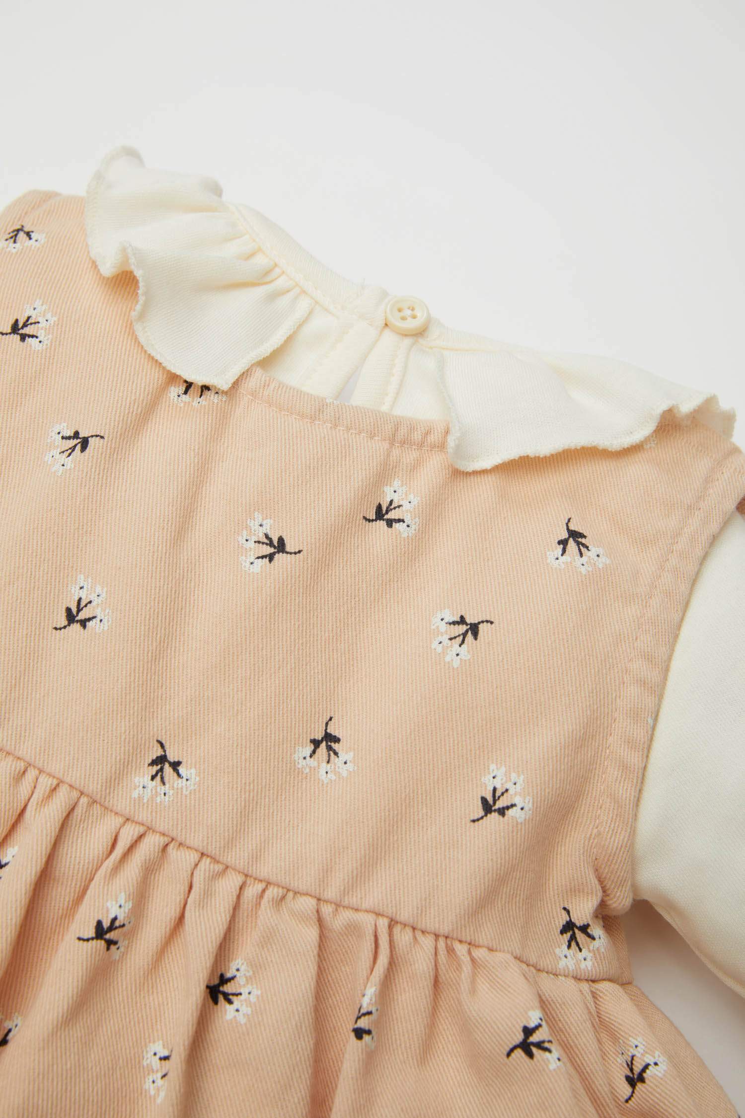 Kız Bebek 2'li Takım Uzun Kollu Çıtçıtlı Body Üst Çiçekli Düğmeli Elbise