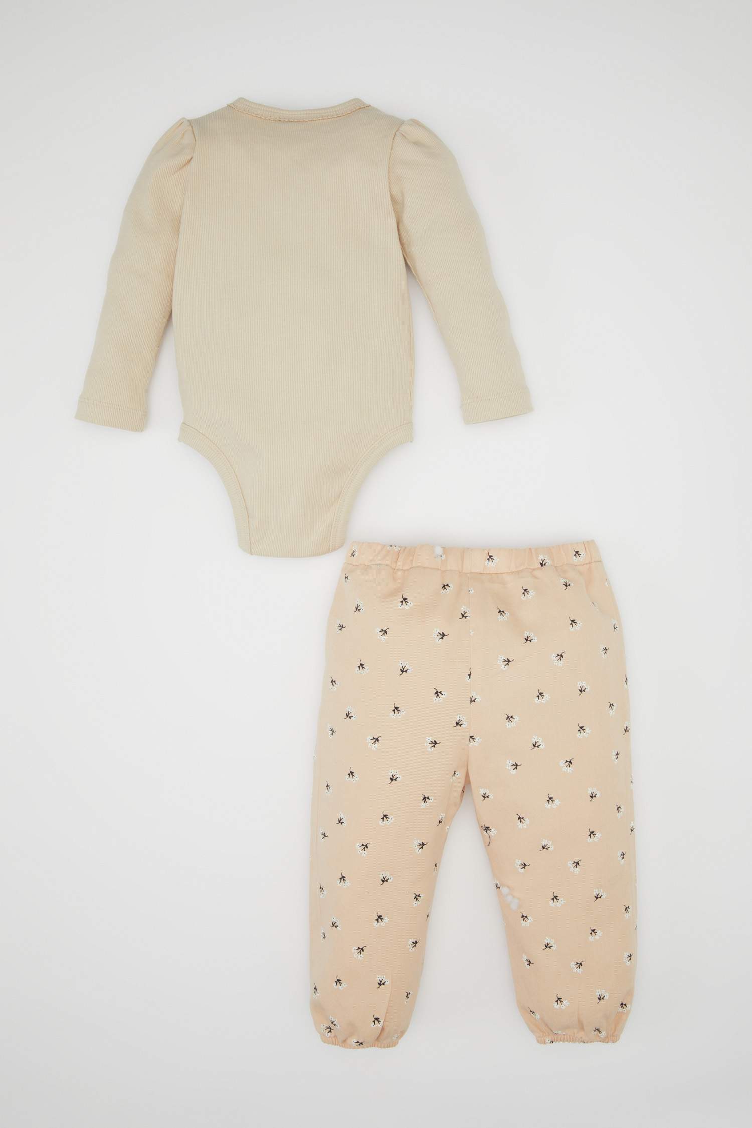 Kız Bebek 2'li Takım Twill Baskılı Uzun Kollu Çıtçıtlı Body Beli Lastikli Desenli Alt