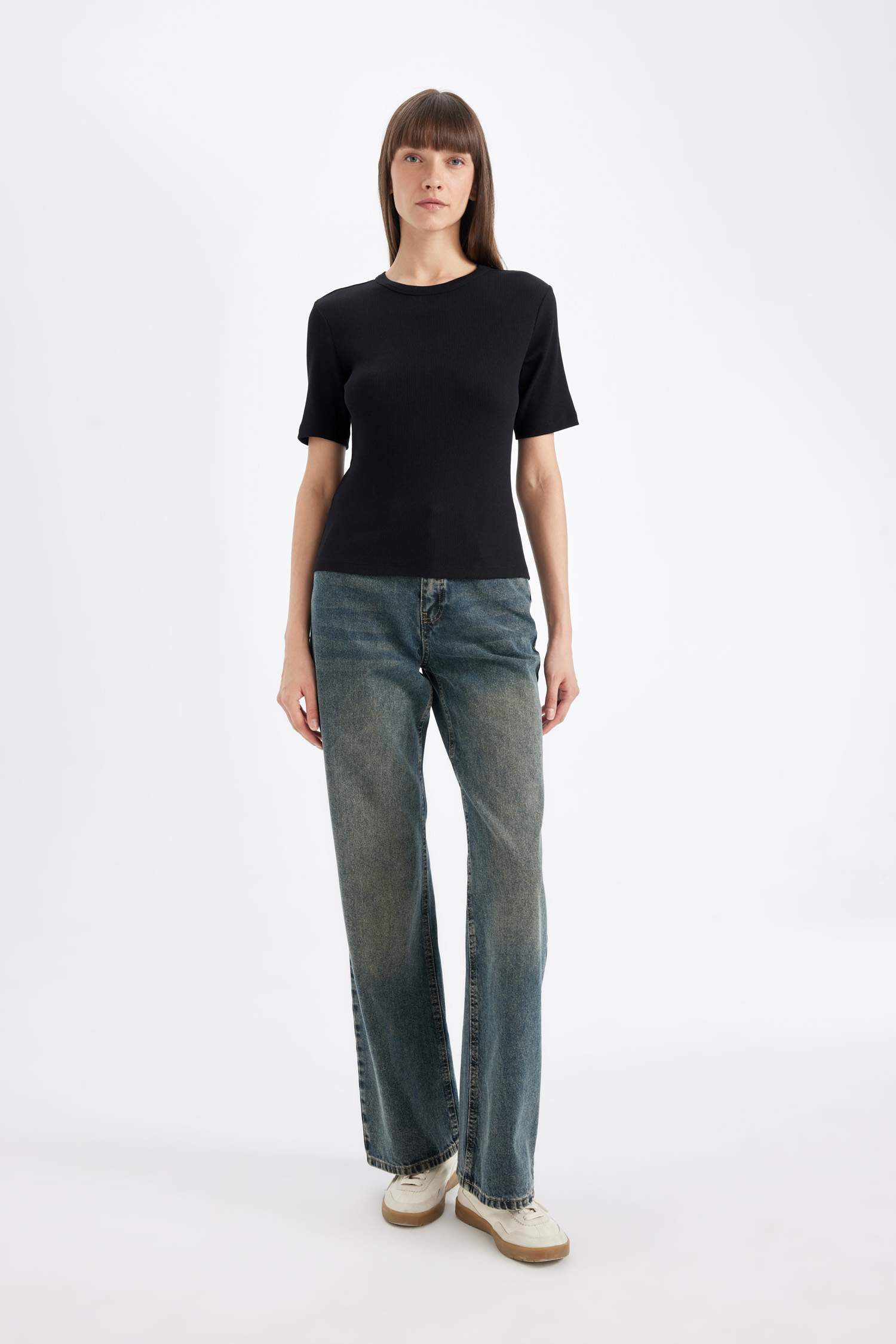 Slim Fit Crew Neck Ribbed Camisole Short Sleeve T-Shirt