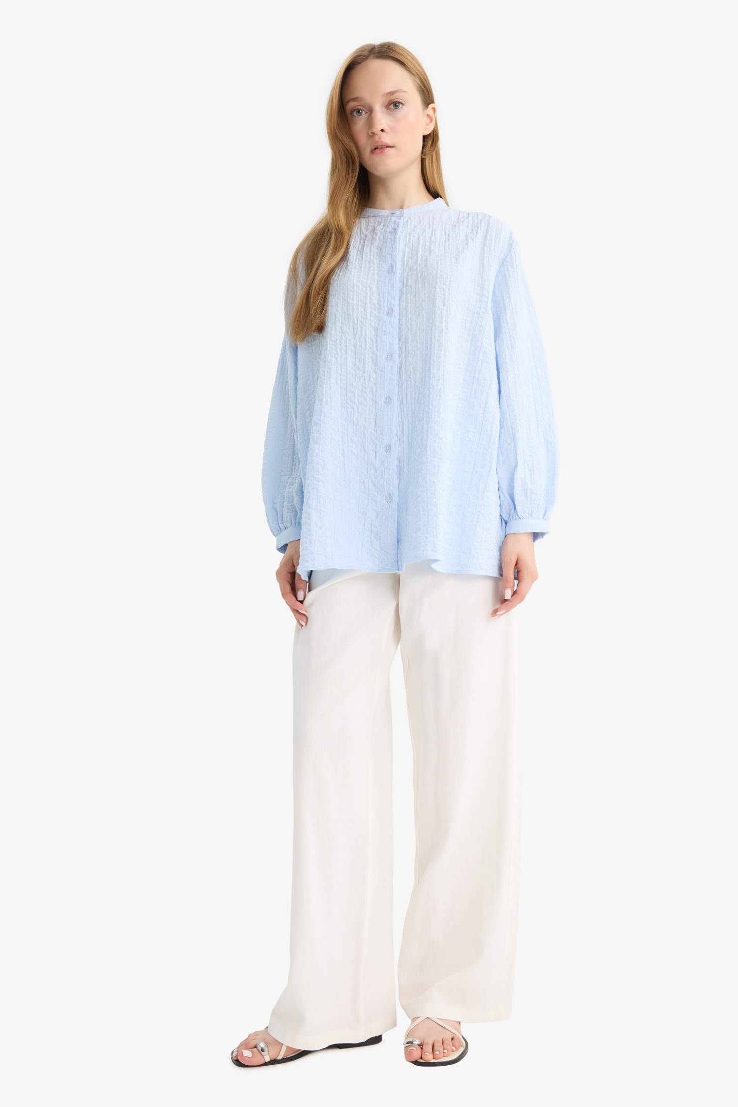 Relax Fit Bisiklet Yaka Gofre Dokulu Uzun Kollu Tunik