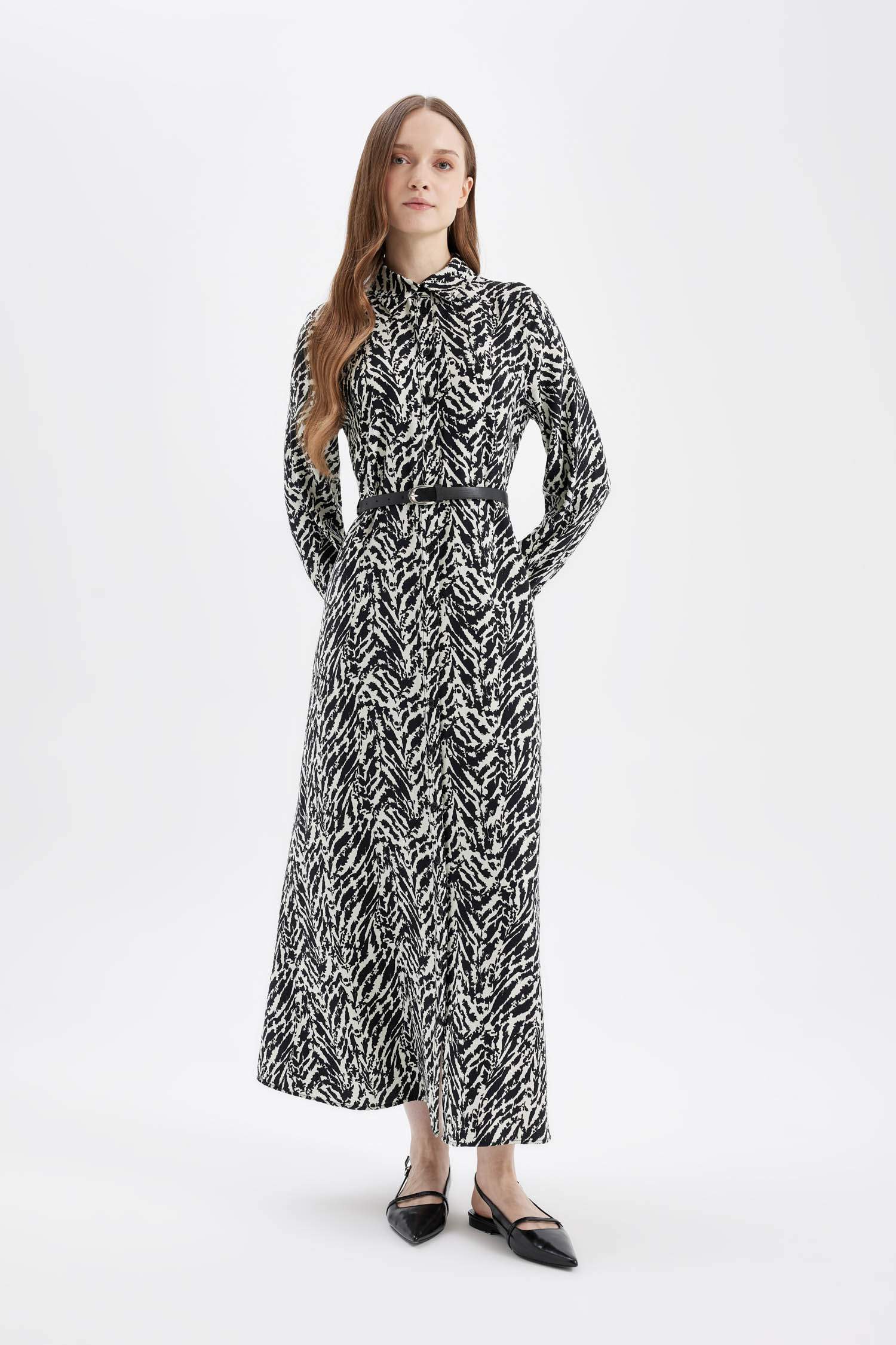 Gömlek Yaka Desenli Düğmeli Uzun Kollu Maxi Elbise