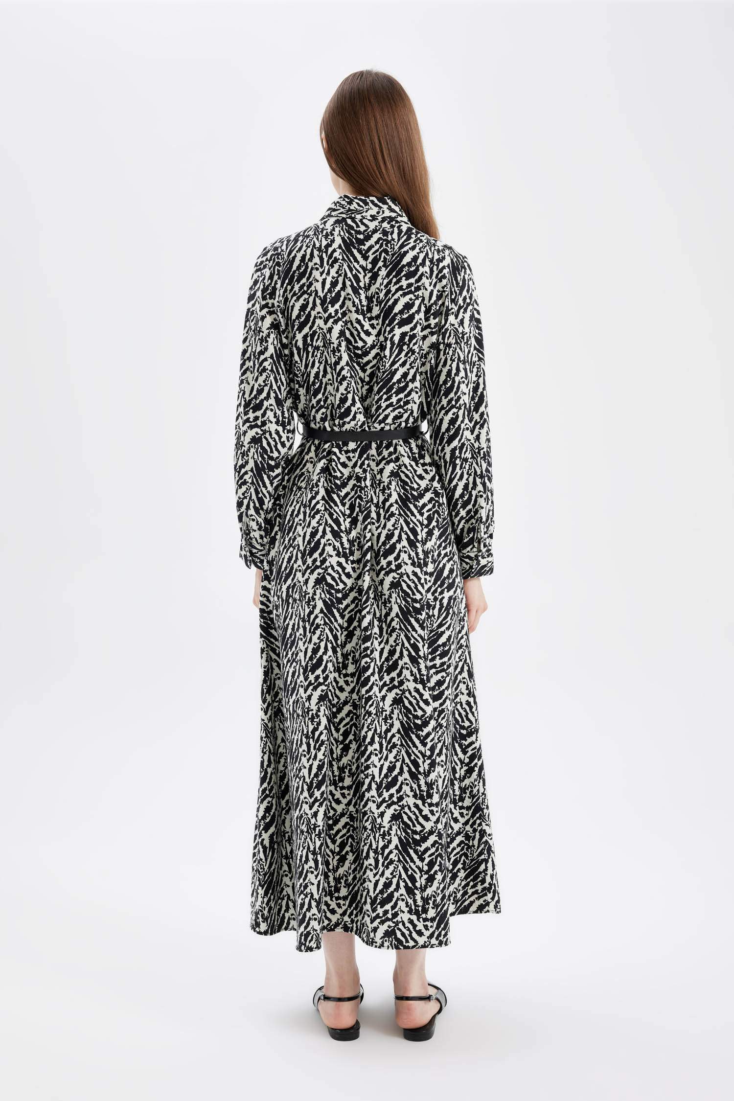 Gömlek Yaka Desenli Düğmeli Uzun Kollu Maxi Elbise