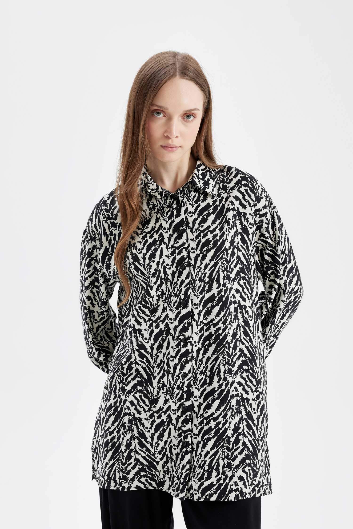 Relax Fit Gömlek Yaka Desenli Uzun Kollu Gömlek Tunik