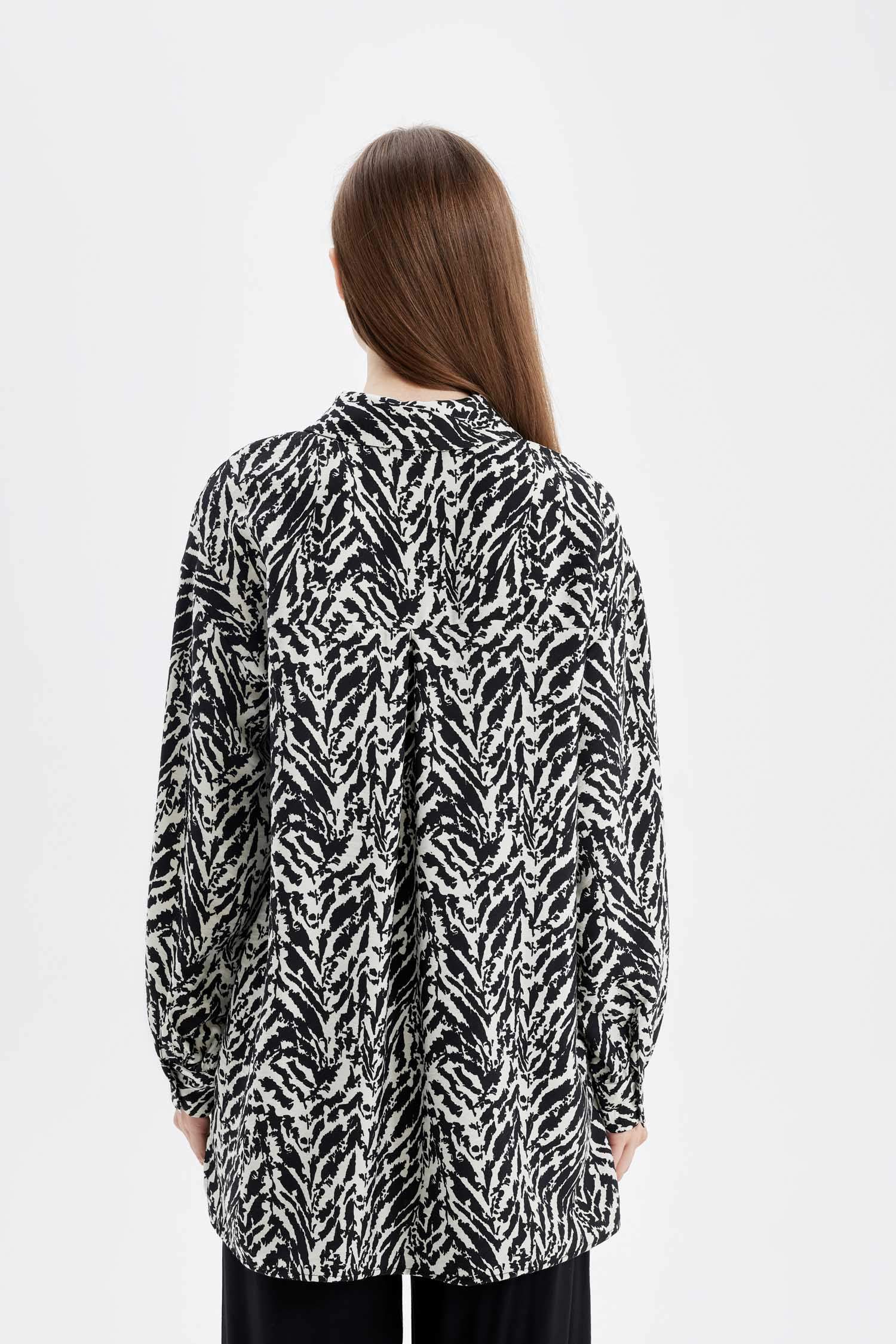 Relax Fit Gömlek Yaka Desenli Uzun Kollu Gömlek Tunik