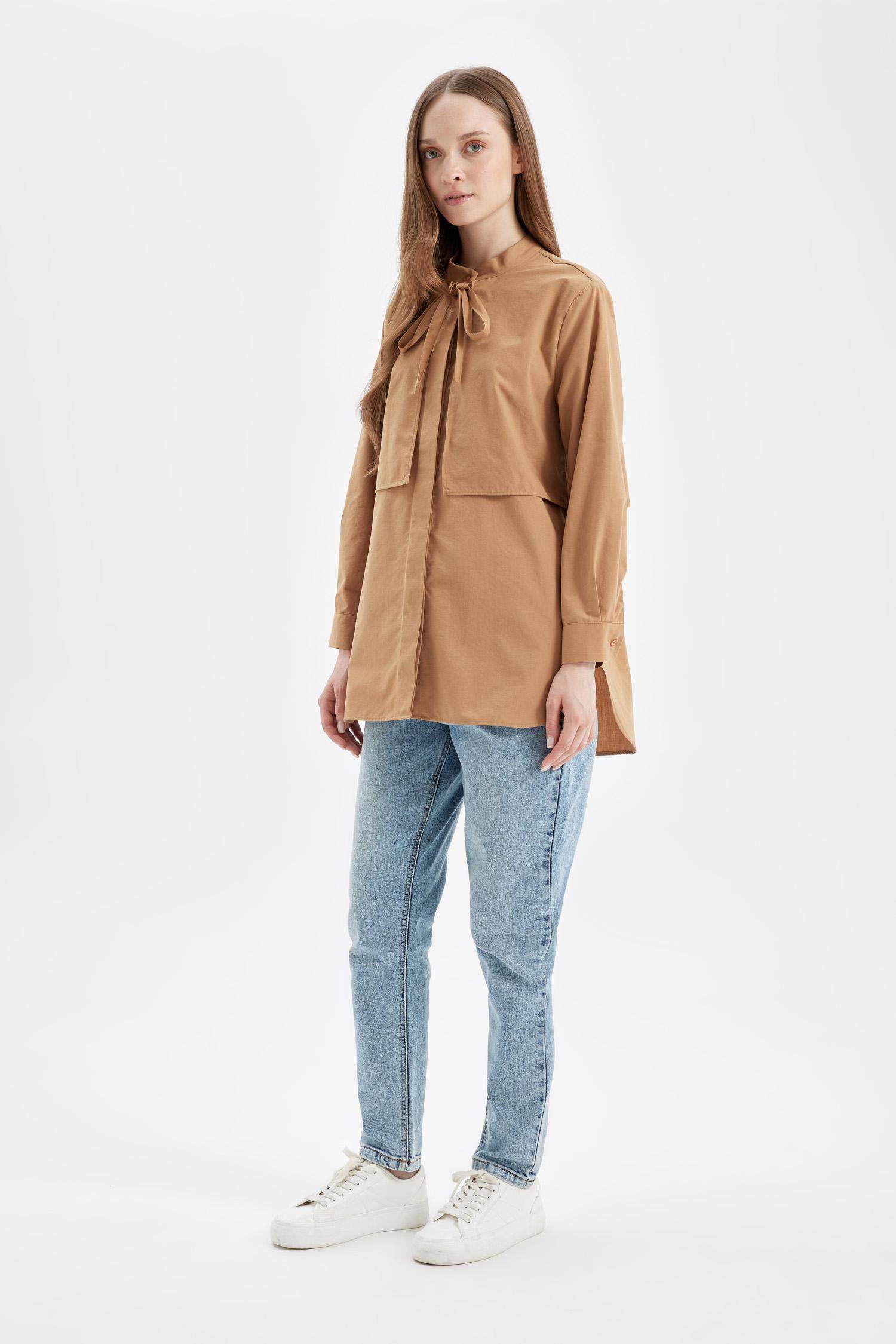 Relax Fit Fiyonk Yaka Poplin Uzun Kollu Gömlek Tunik