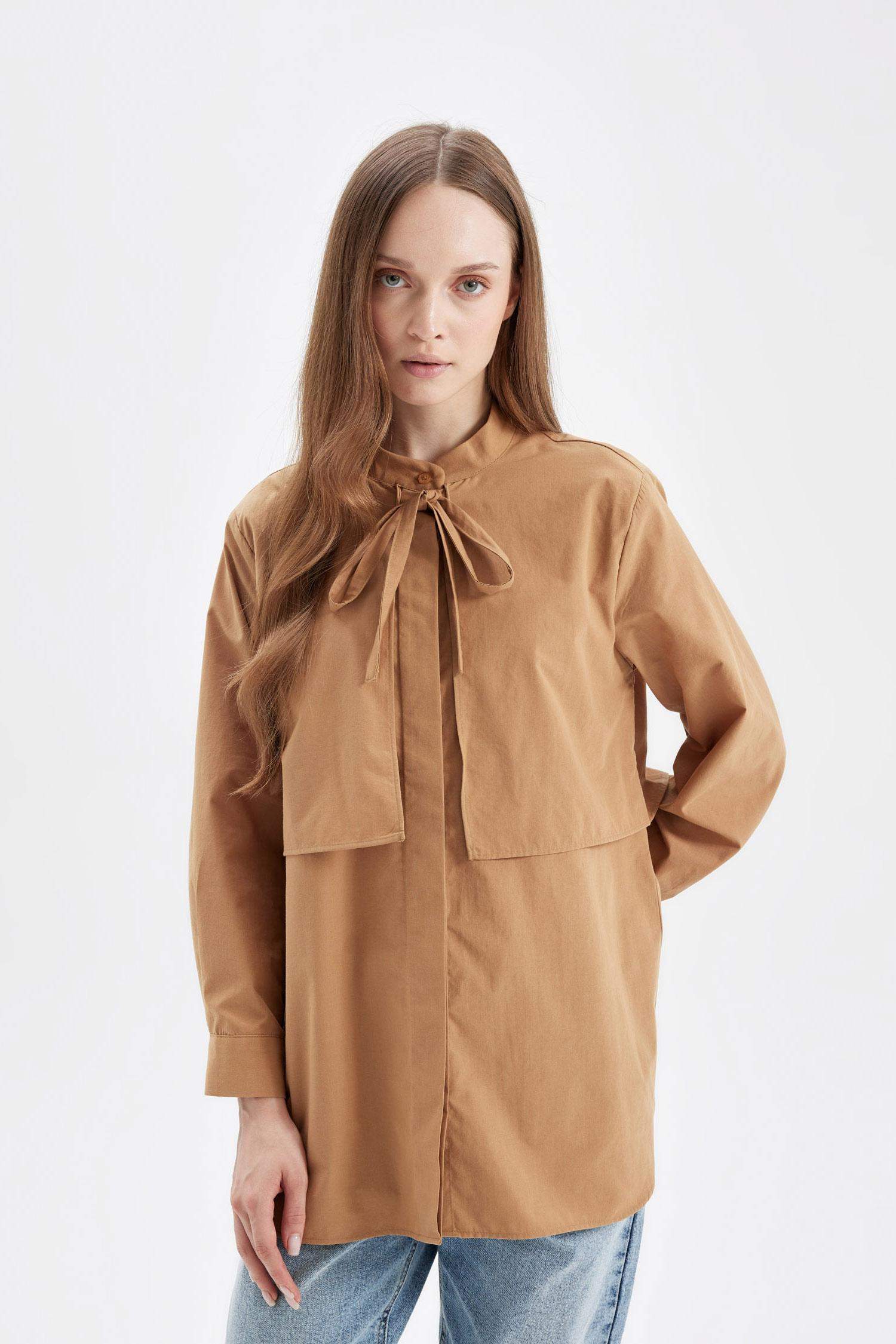 Relax Fit Fiyonk Yaka Poplin Uzun Kollu Gömlek Tunik