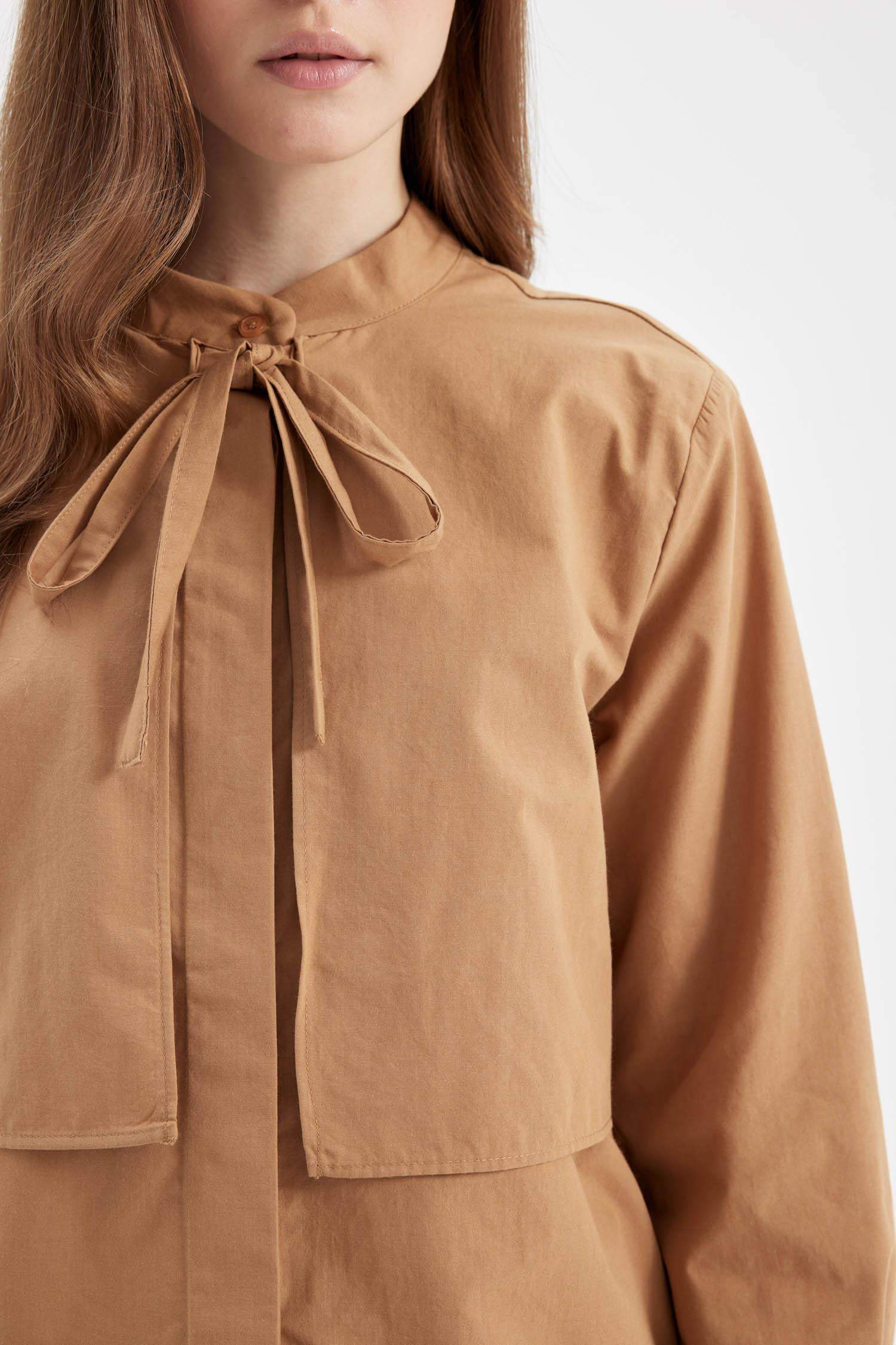 Relax Fit Fiyonk Yaka Poplin Uzun Kollu Gömlek Tunik