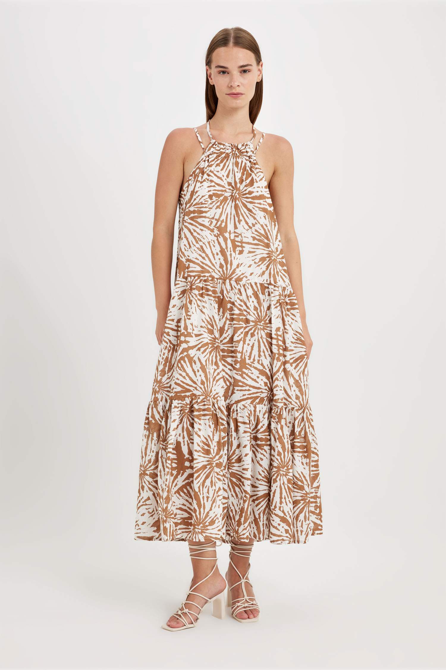 فستان طويل مطبوع فوال بقصة A بدون ردن