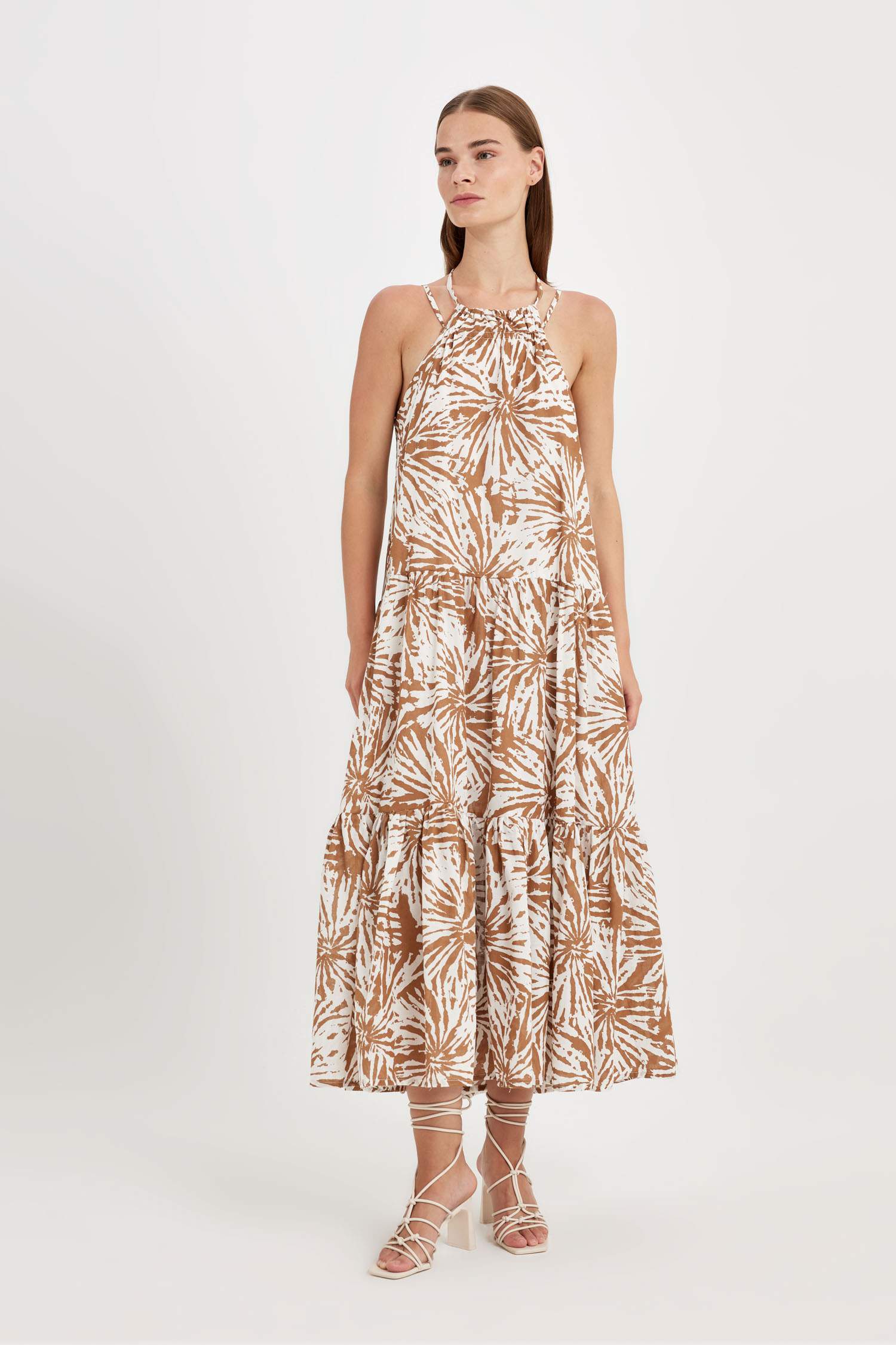 فستان طويل مطبوع فوال بقصة A بدون ردن