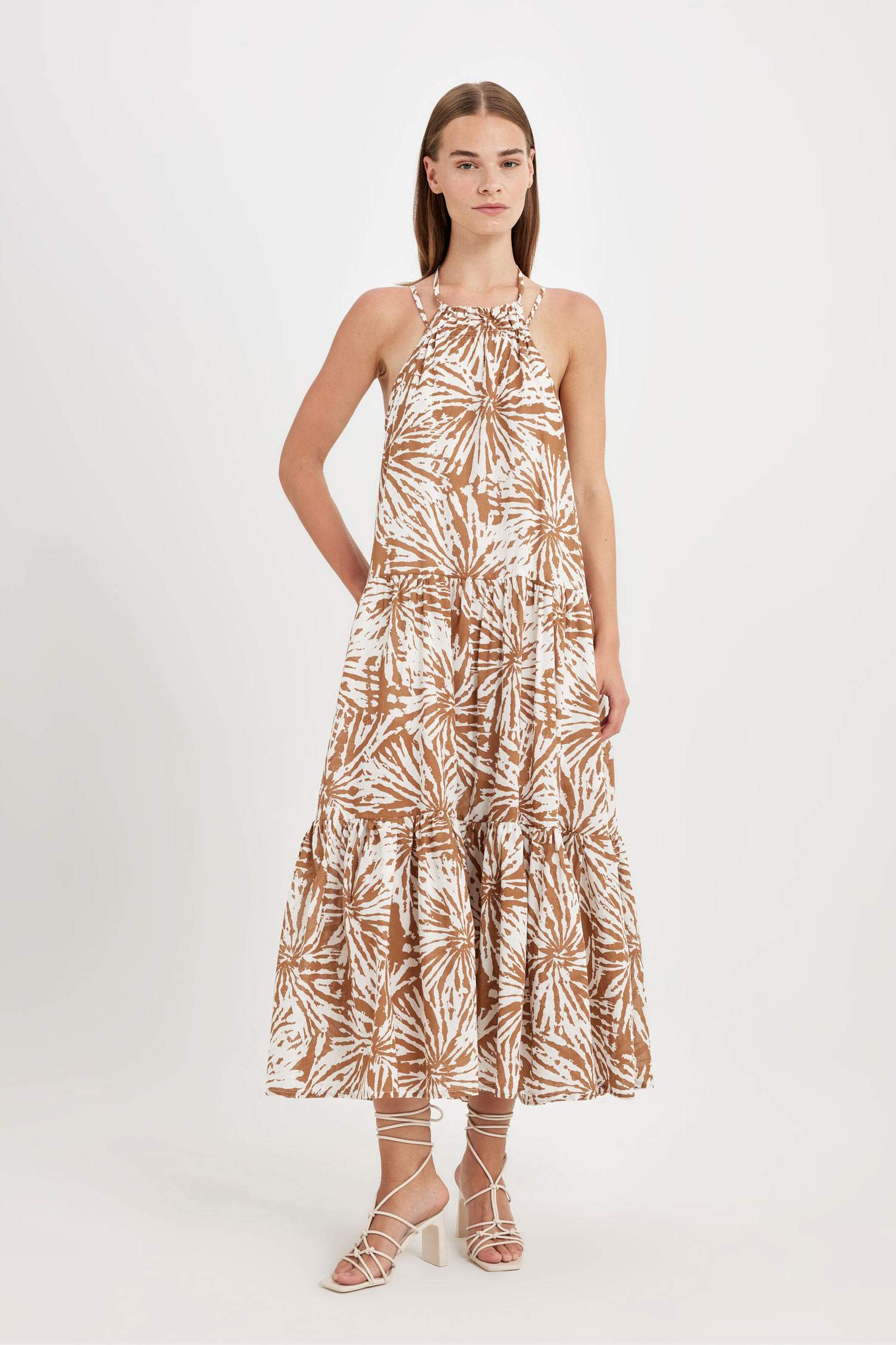 فستان طويل مطبوع فوال بقصة A بدون ردن