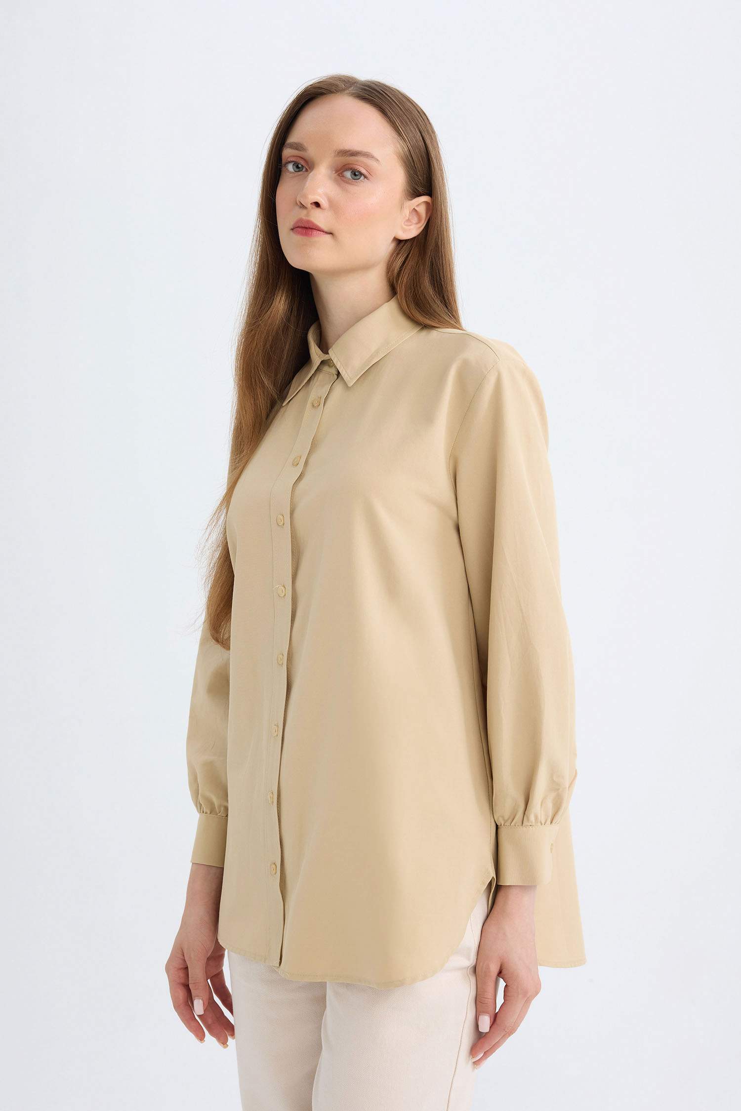 Relax Fit Gömlek Yaka Poplin Basic Düz Uzun Kollu Gömlek Tunik