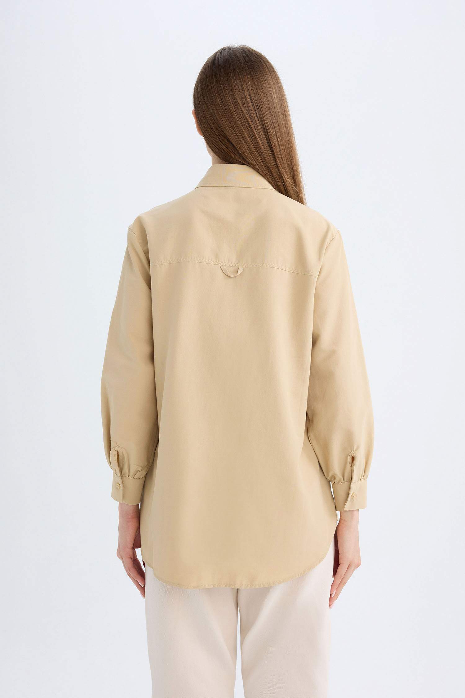 Relax Fit Gömlek Yaka Poplin Basic Düz Uzun Kollu Gömlek Tunik