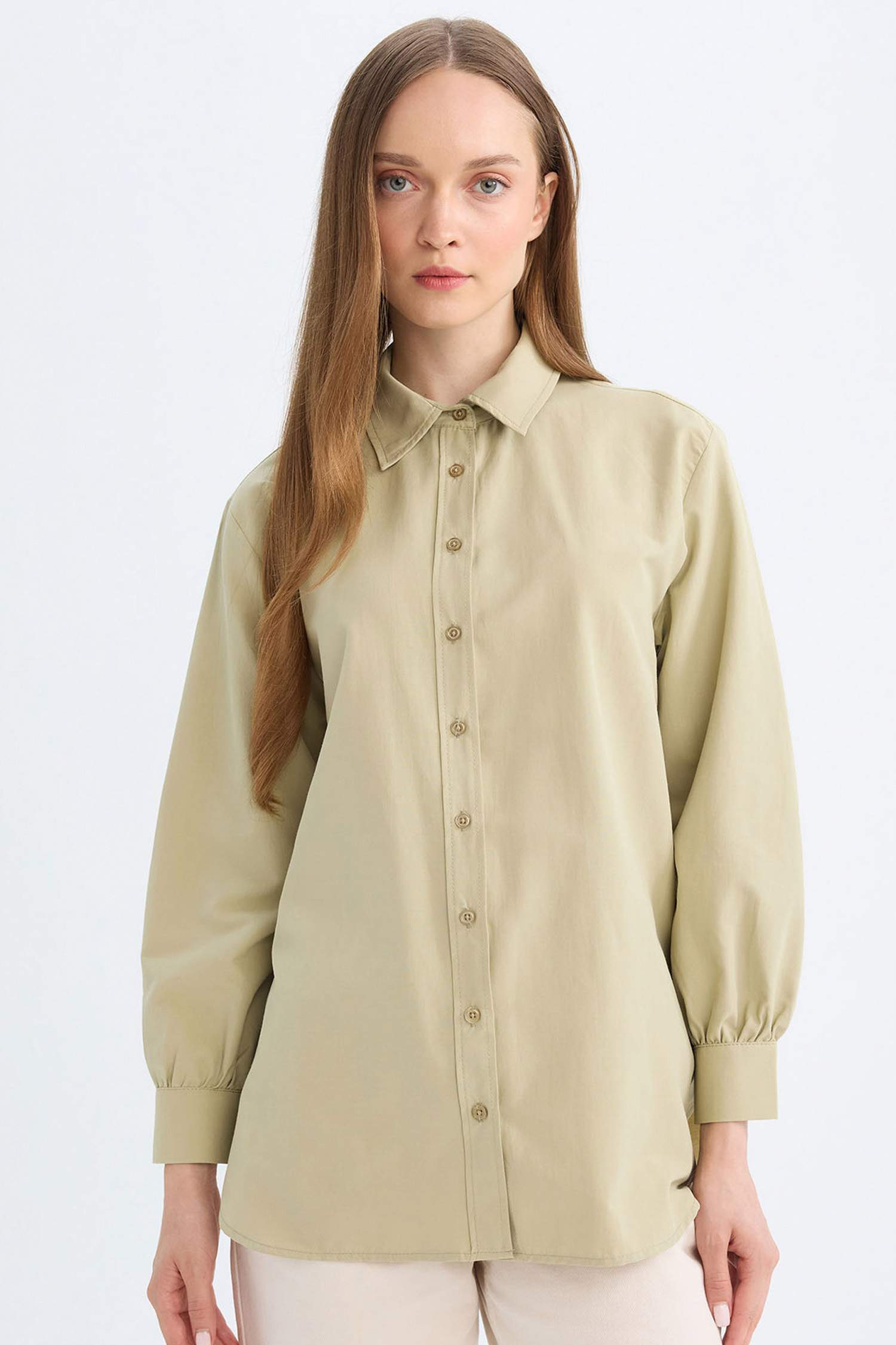 Relax Fit Gömlek Yaka Poplin Basic Düz Uzun Kollu Gömlek Tunik