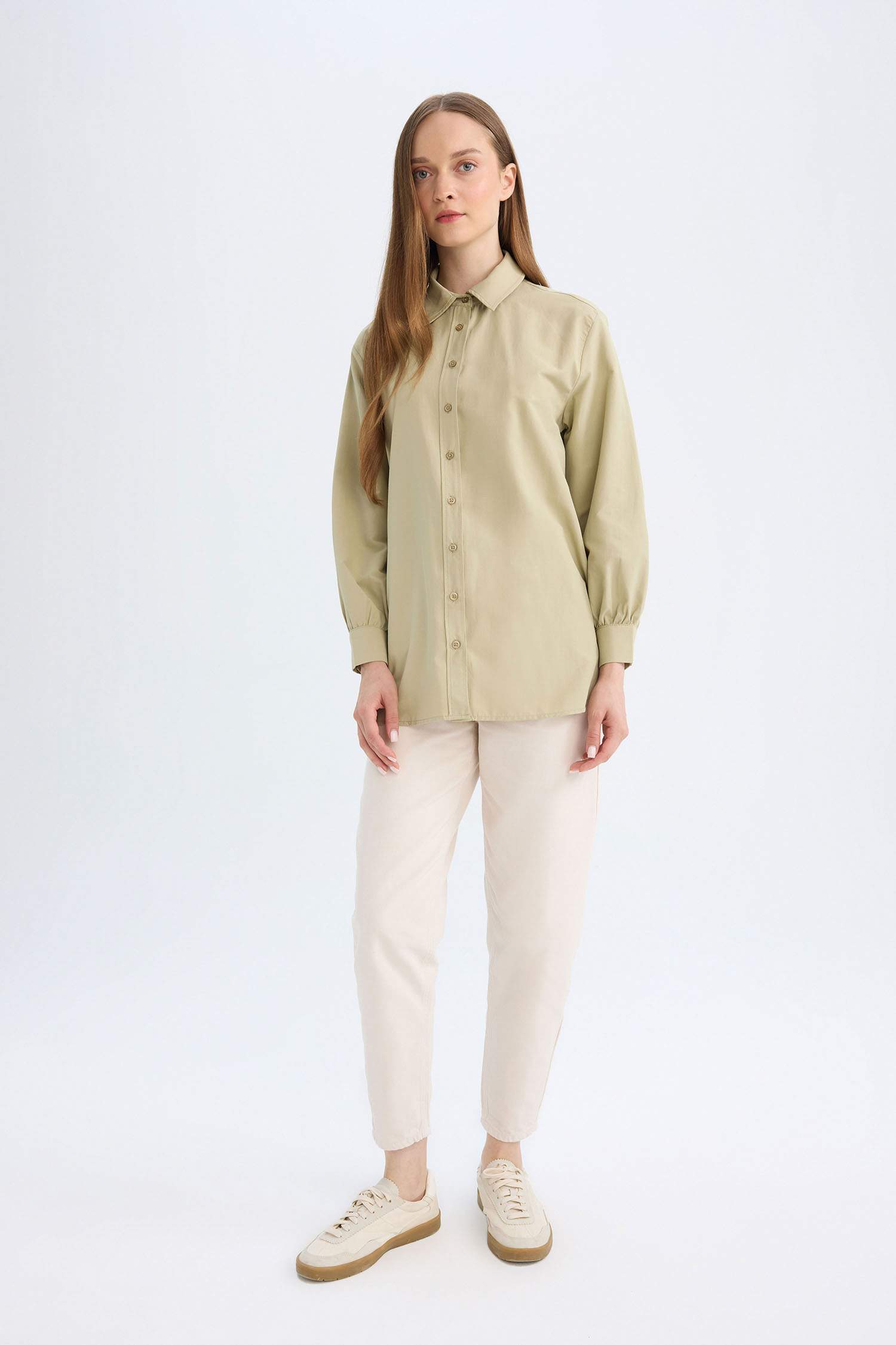 Relax Fit Gömlek Yaka Poplin Basic Düz Uzun Kollu Gömlek Tunik