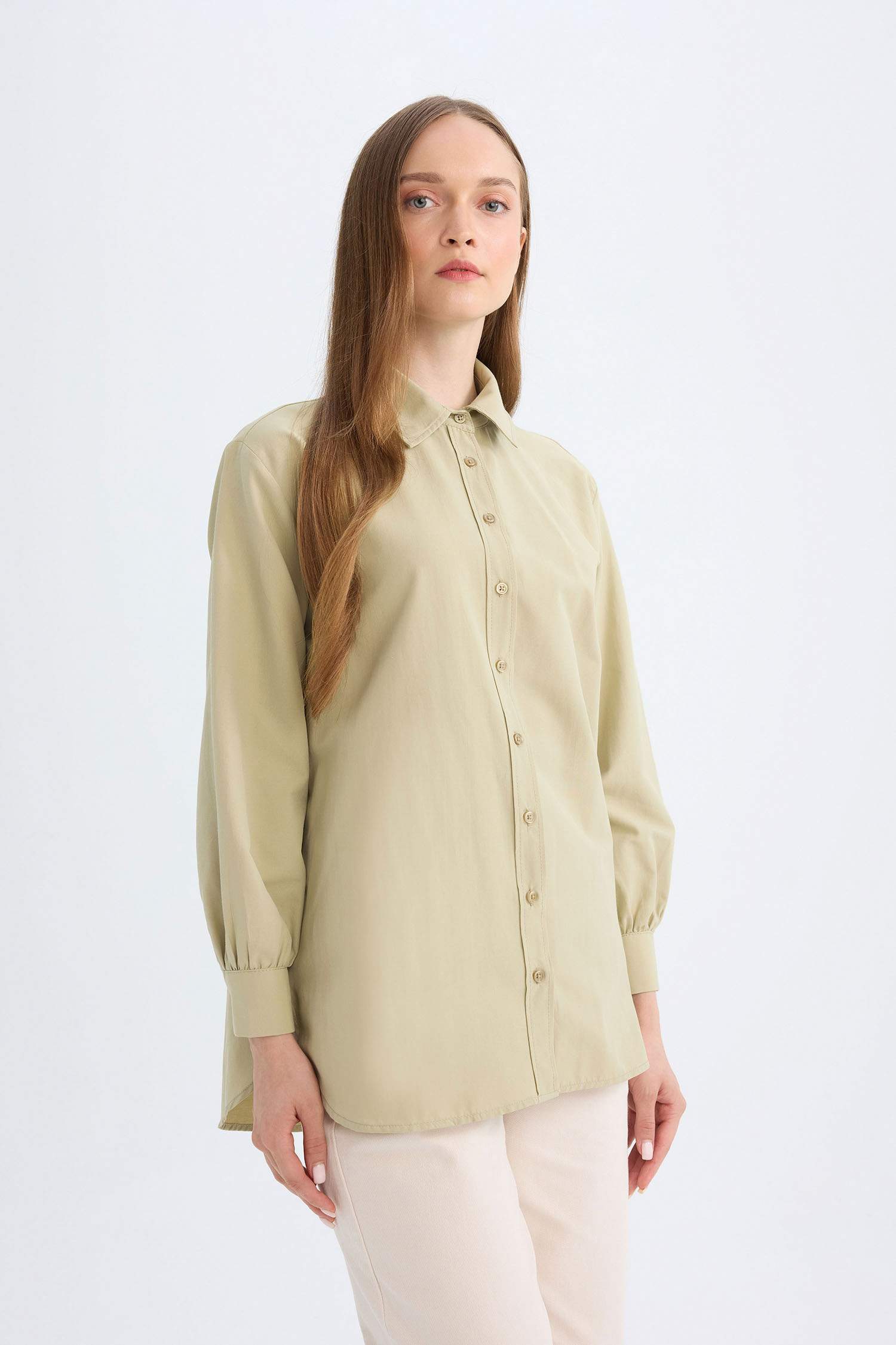 Relax Fit Gömlek Yaka Poplin Basic Düz Uzun Kollu Gömlek Tunik