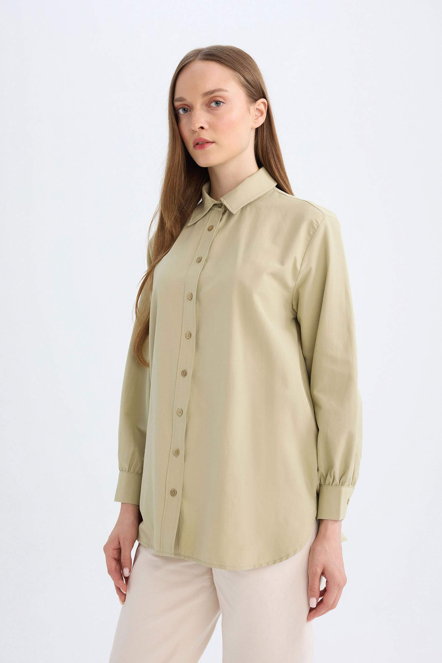 Relax Fit Gömlek Yaka Poplin Basic Düz Uzun Kollu Gömlek Tunik