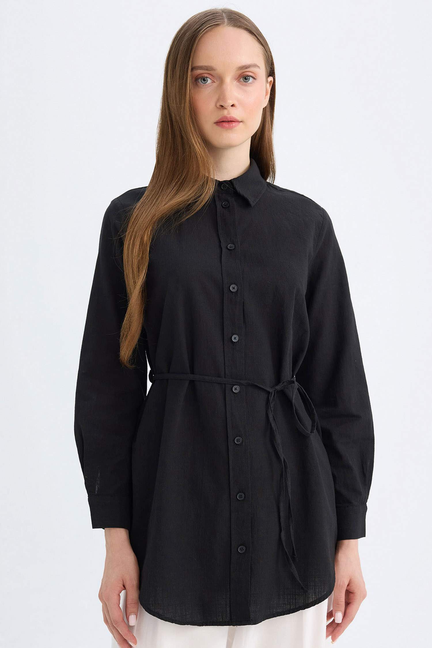 Regular Fit Poplin Basic Düz Uzun Kollu Siyah Gömlek Tunik