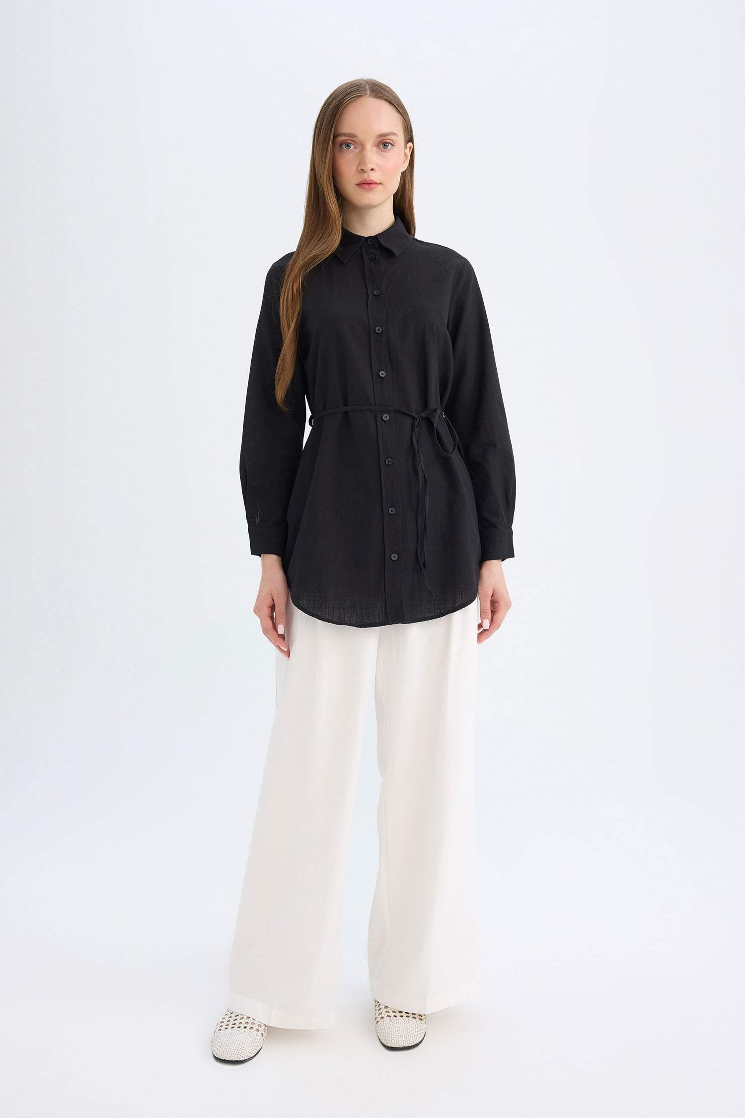 Regular Fit Poplin Basic Düz Uzun Kollu Siyah Gömlek Tunik