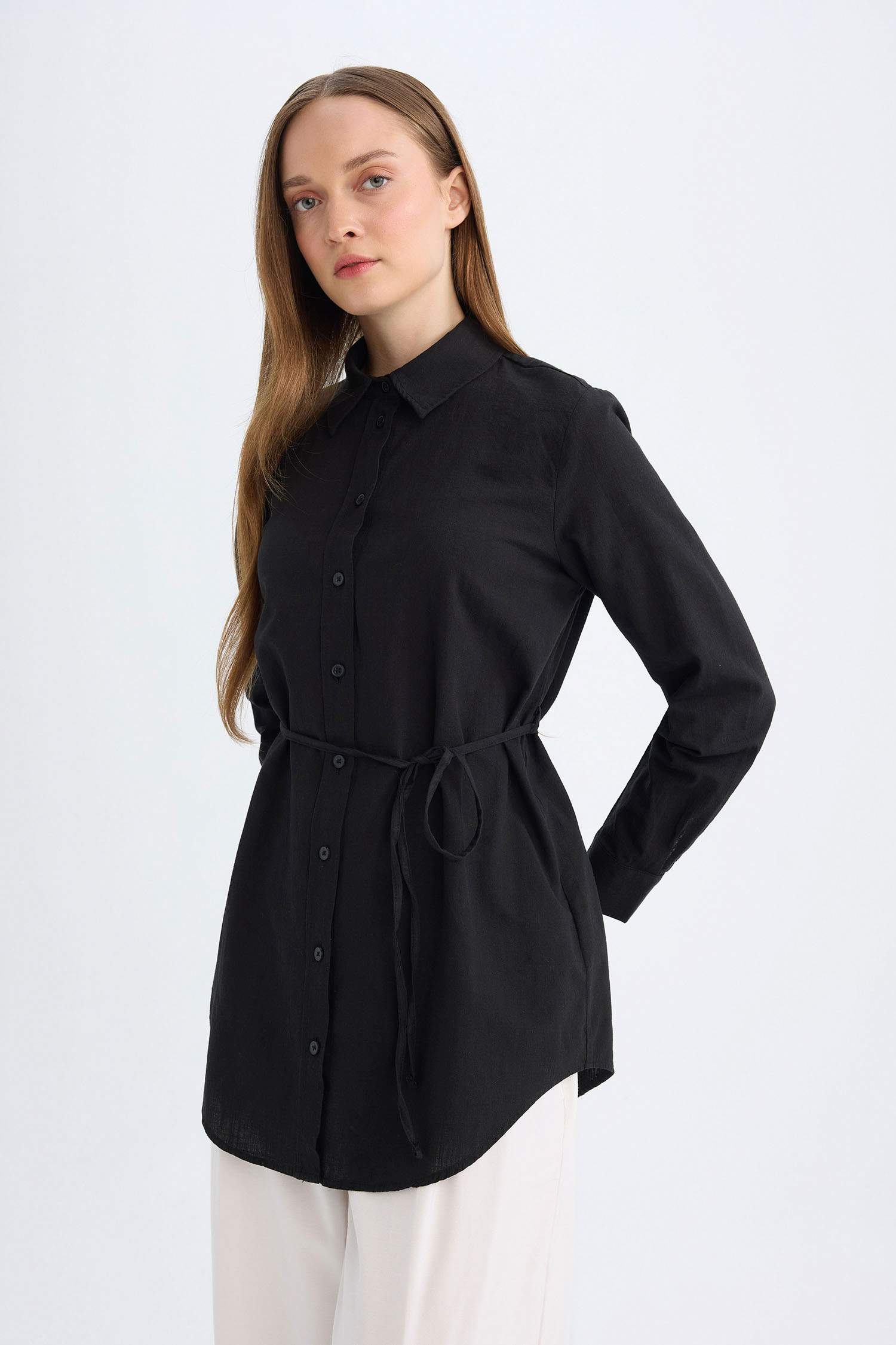 Regular Fit Poplin Basic Düz Uzun Kollu Siyah Gömlek Tunik