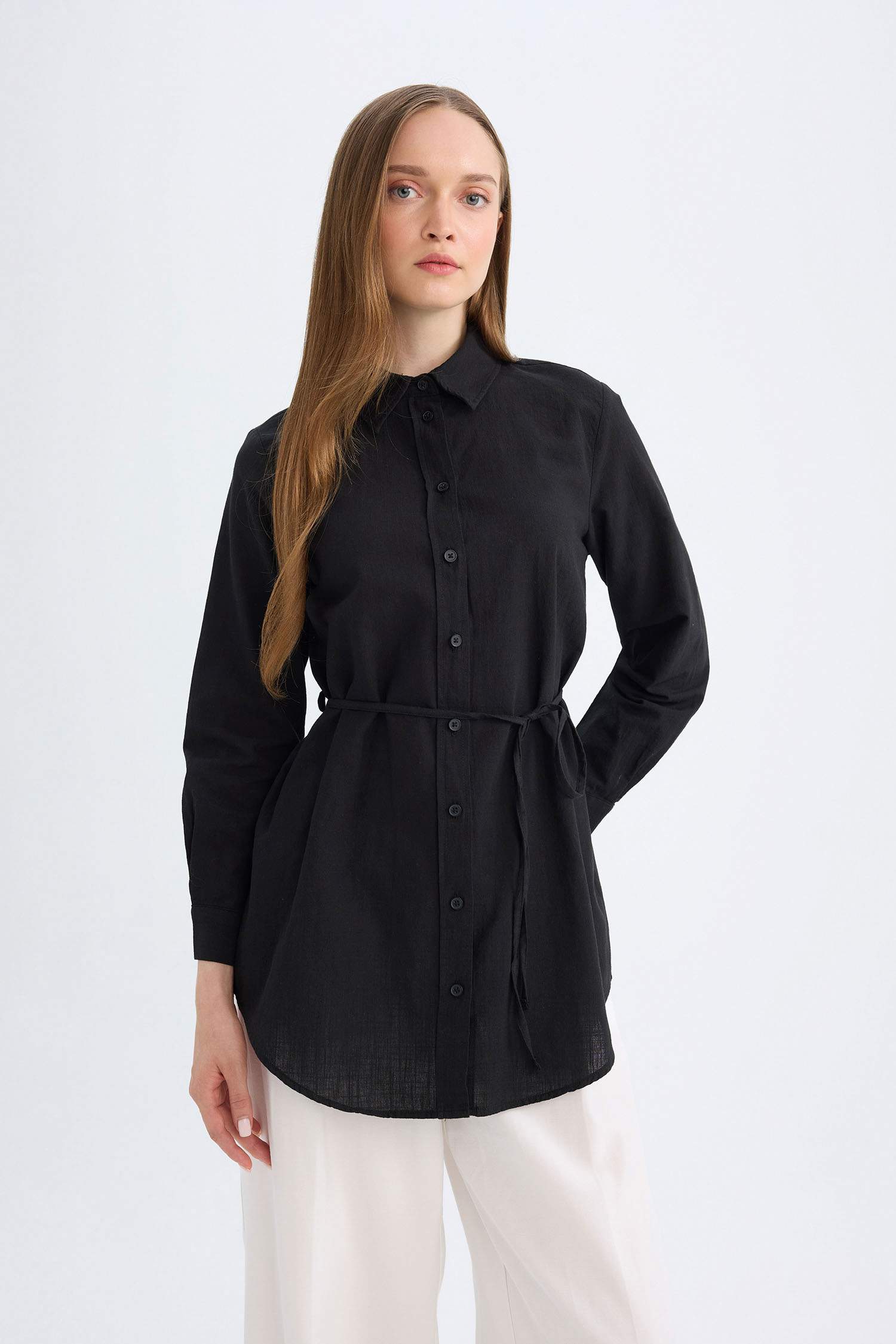 Regular Fit Poplin Basic Düz Uzun Kollu Siyah Gömlek Tunik