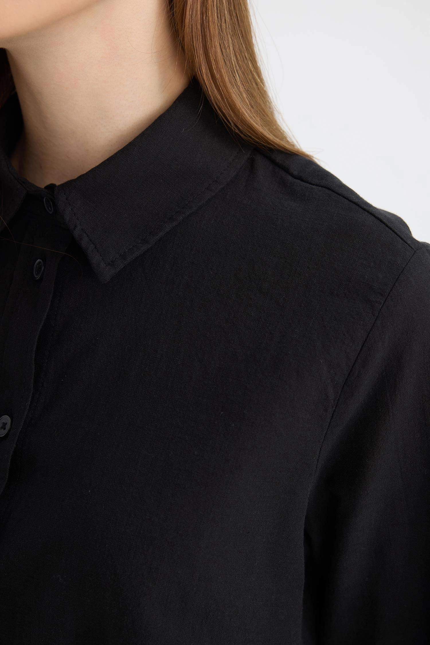 Regular Fit Poplin Basic Düz Uzun Kollu Siyah Gömlek Tunik