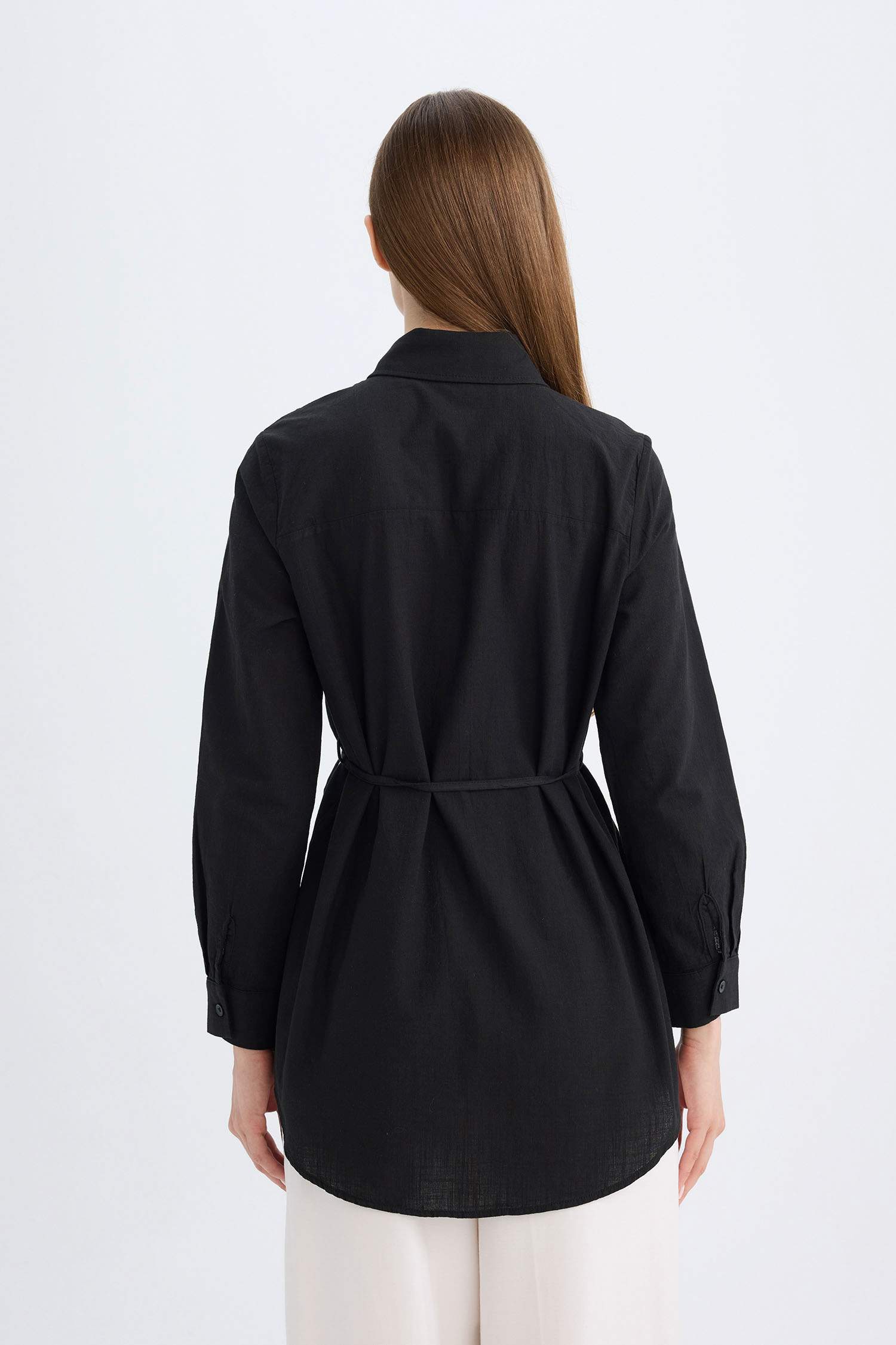 Regular Fit Poplin Basic Düz Uzun Kollu Siyah Gömlek Tunik